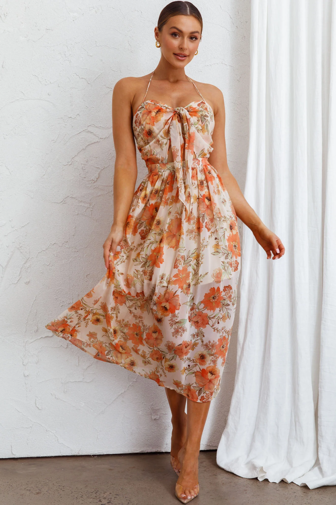 Los Feliz Tied Bust Halterneck Midi Dress Floral Beige - Sonourner