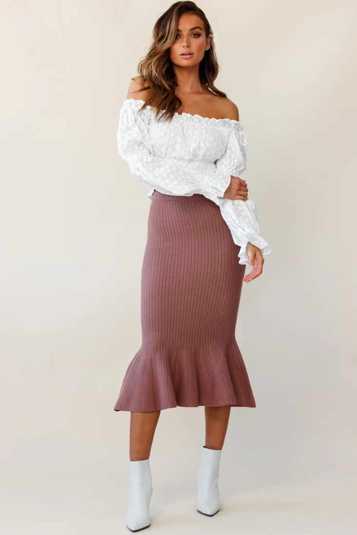 Shalon Ribbed Knit Fluted Hem Midi Skirt Antique Rose - Sonourner