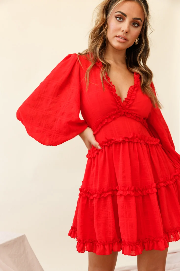 Laney Cutout Back Ruffle Trim Dress Red - Sonourner