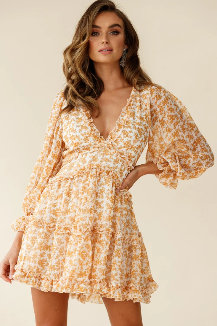 Laney Cutout Back Balloon Sleeve Dress Floral Print Mustard - Sonourner