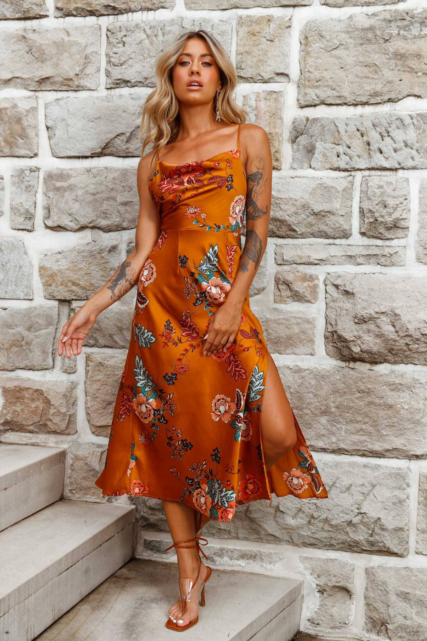 Suki Front Split Midi Dress Oriental Floral Print Mustard - Sonourner