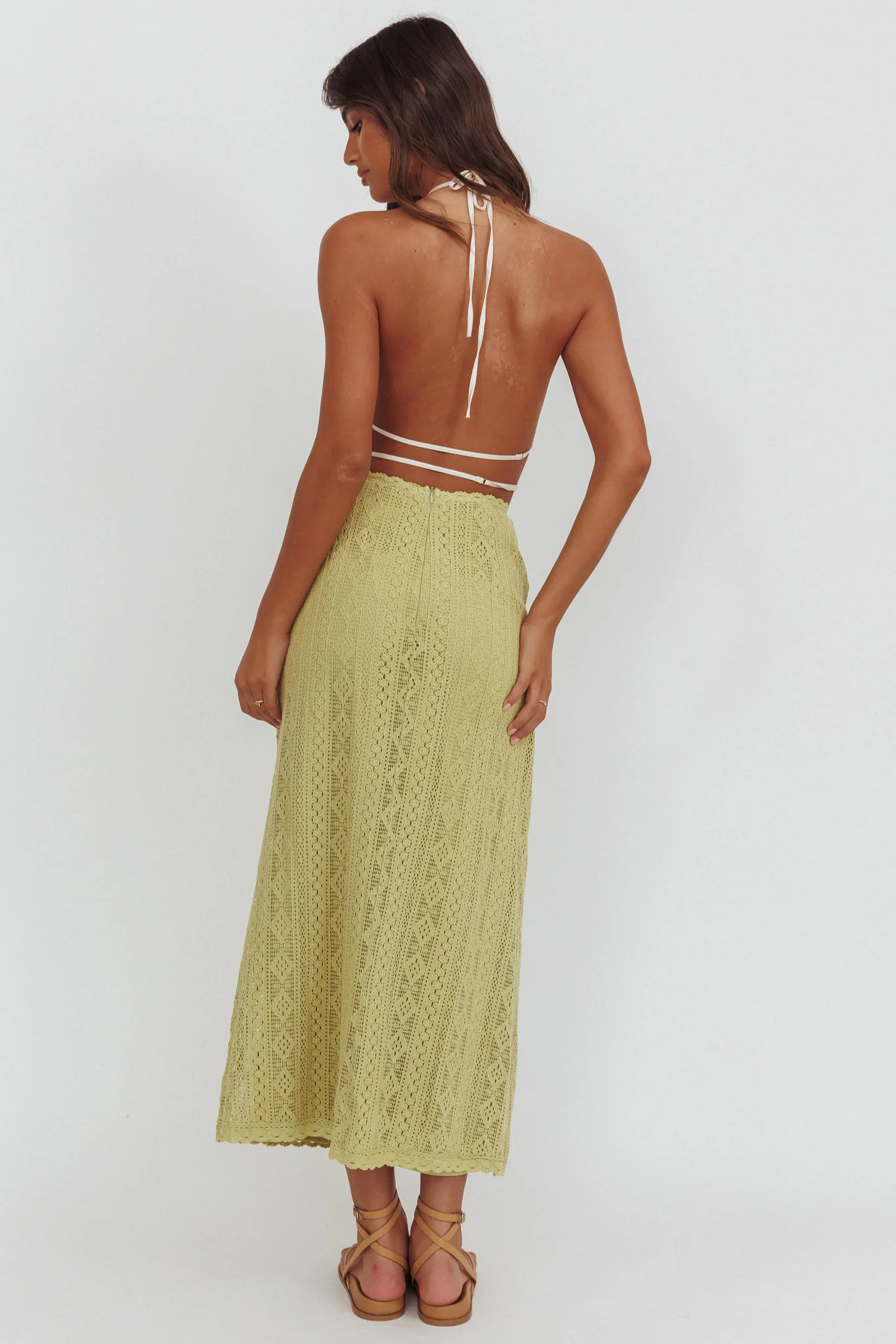 Days Away Crochet Lace Maxi Skirt Moss - Sonourner