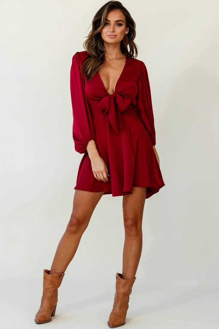 Madison Bow Tie Bust Balloon Sleeve Dress Wine - Sonourner