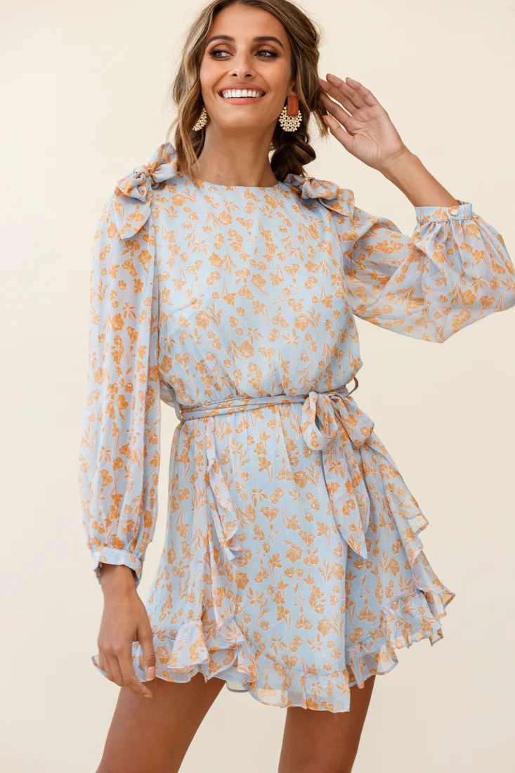 Leigh Long Sleeve Waist Tie Dress Floral Print Blue/Orange - Sonourner