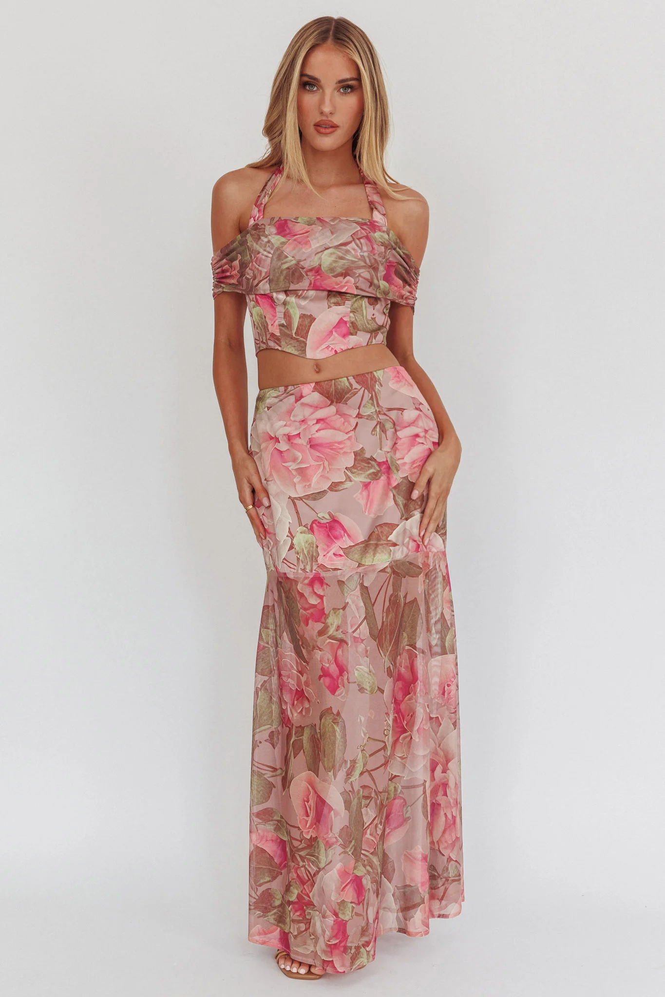 Sunset High Sheer Hem Maxi Skirt Floral Blush - Sonourner