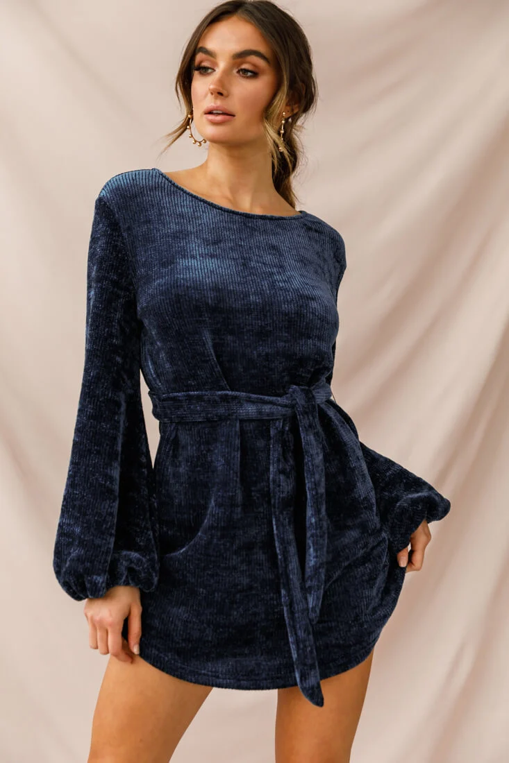 Diva Velvet Yarn Knit Dress Navy - Sonourner