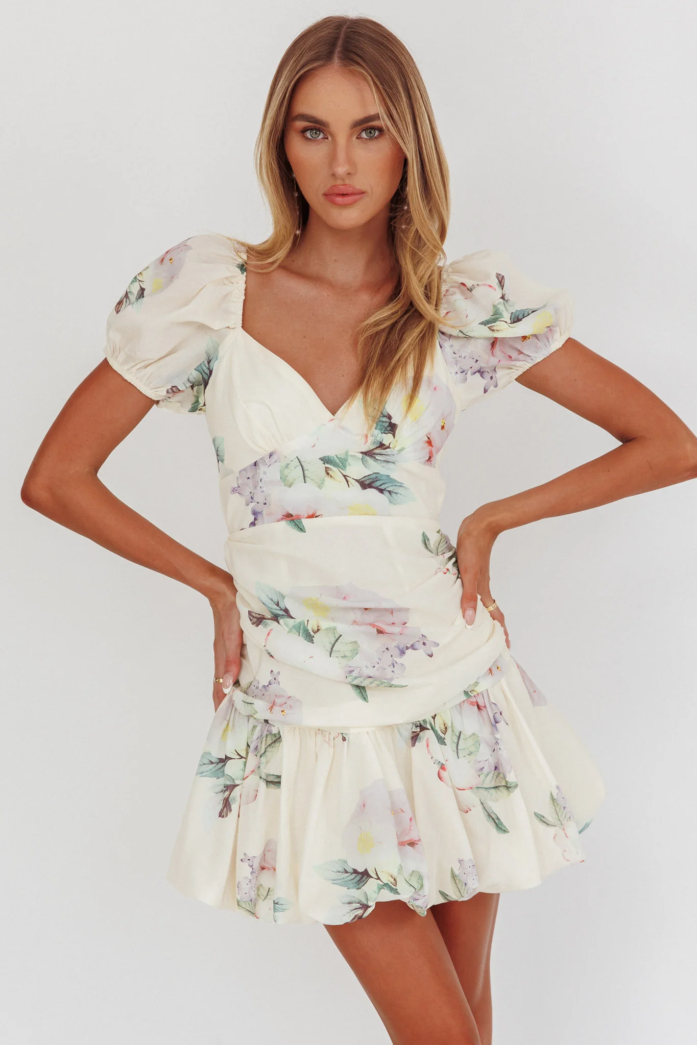 Annabella Puff Sleeve Tied Back Mini Dress Floral Butter - Sonourner