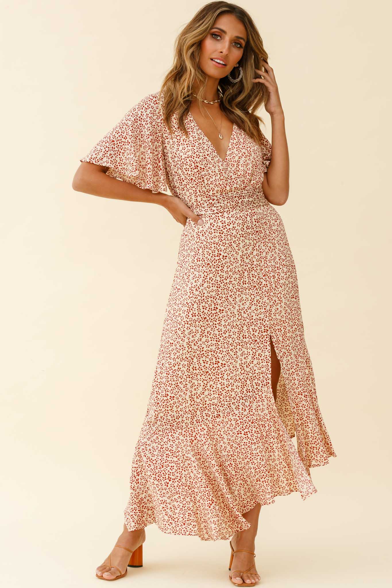 Friday Surplice Neckline Front Split Maxi Dress Floral Print Beige - Sonourner