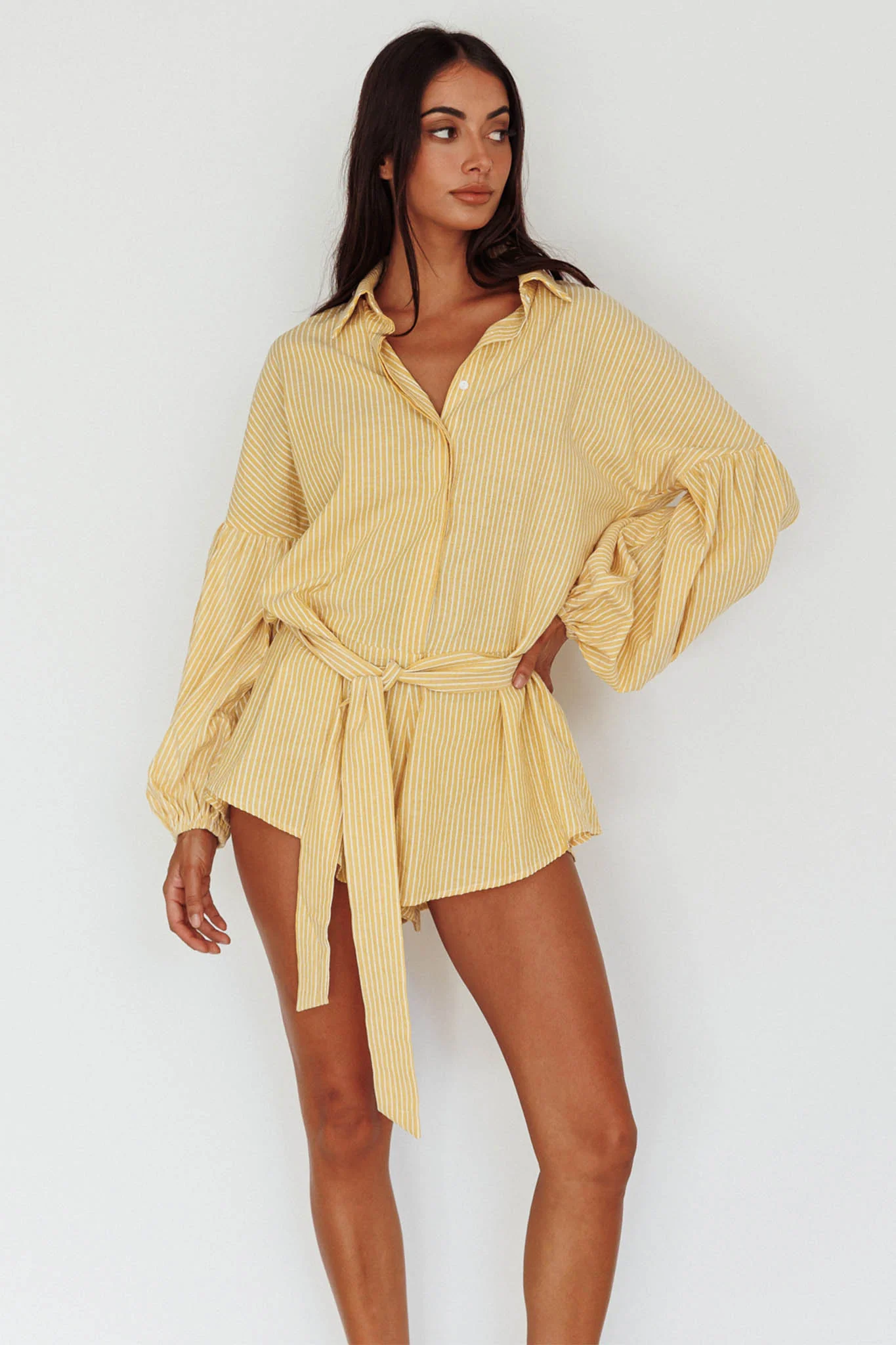Daytona Beach Long Sleeve Shirt Romper Yellow Stripe - Sonourner