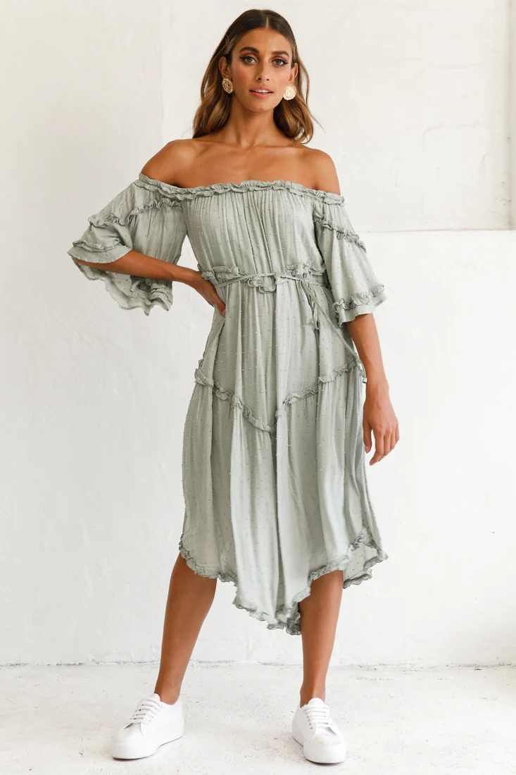 Renoir Off-Shoulder Frill Trim Midi Dress Olive - Sonourner