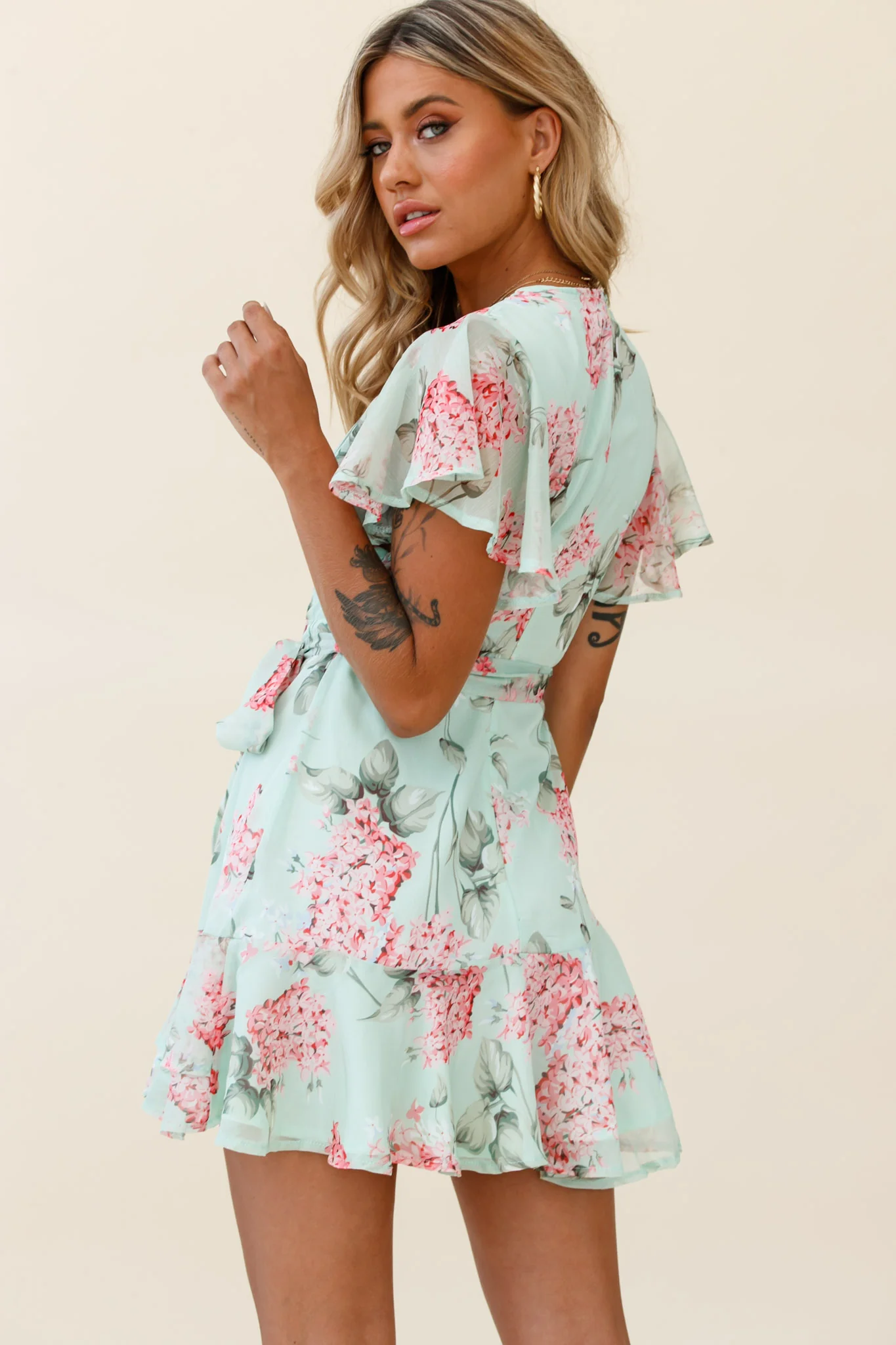 Cami Angel Sleeve Faux Wrap Dress Hydrangea Print Mint/Pink - Sonourner