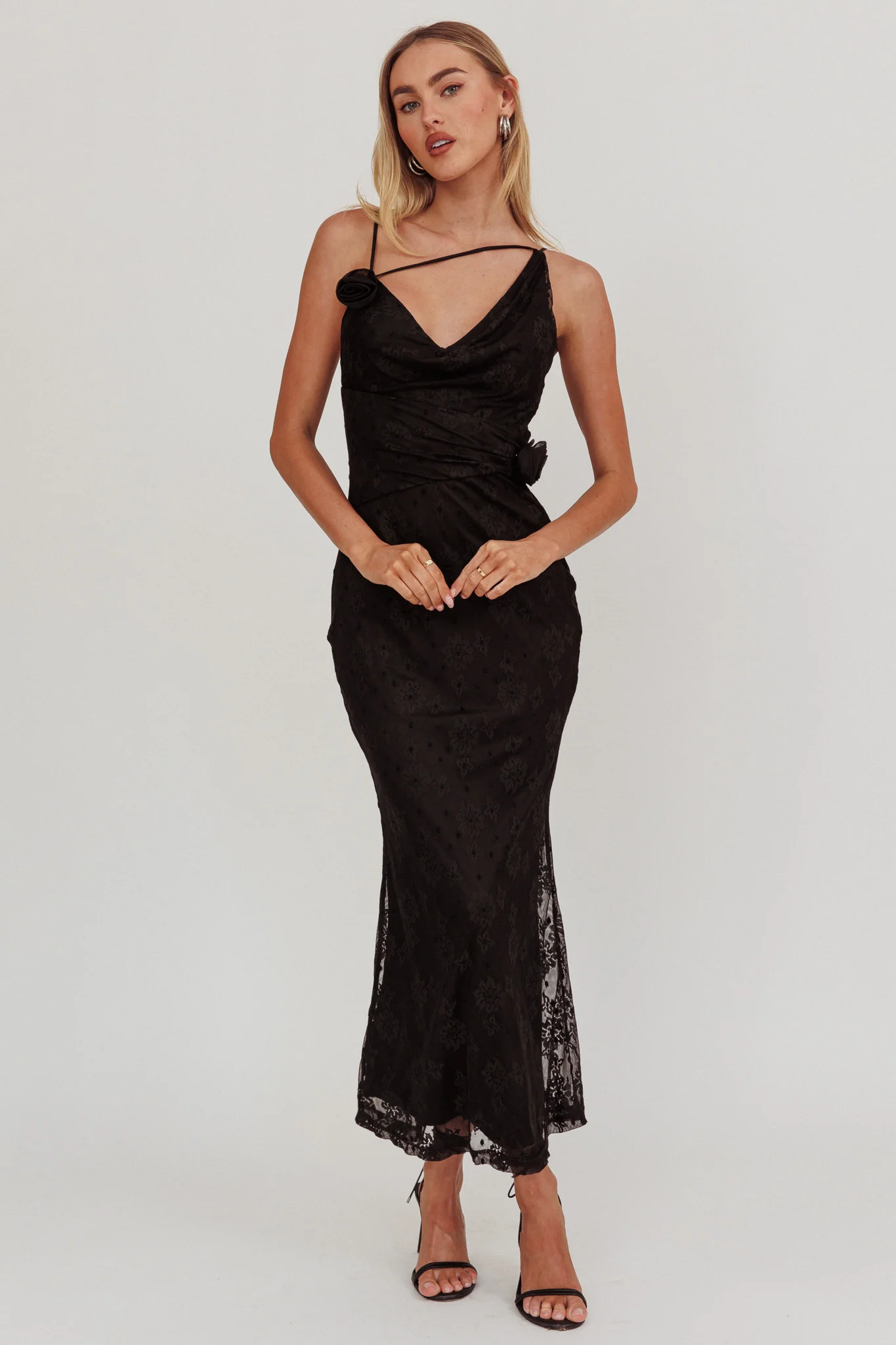Golden Glow Rosette Cowl Neck Maxi Dress Black - Sonourner