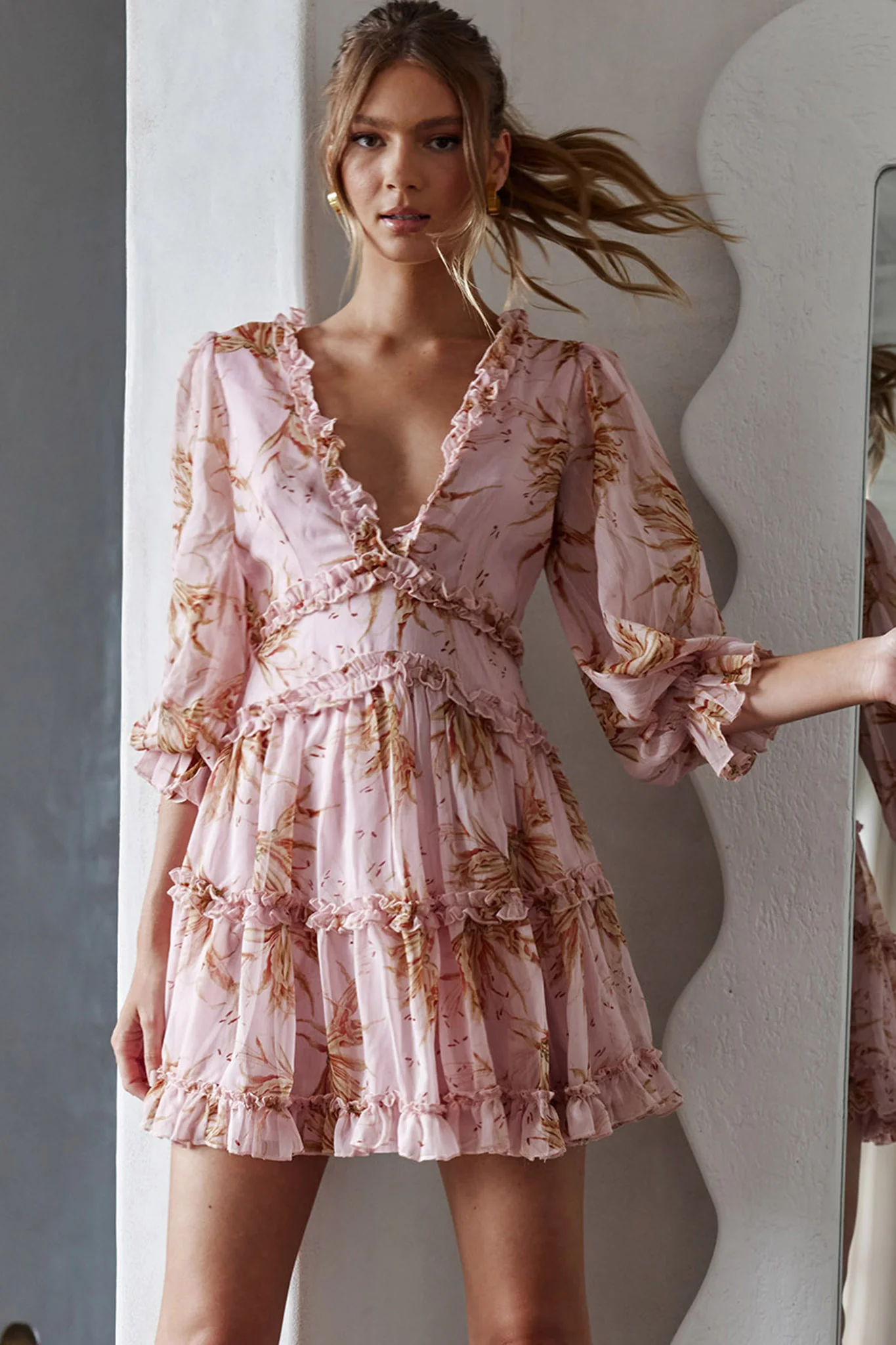 Laney Cutout Back Ruffle Trim Dress Lily Print Pink - Sonourner