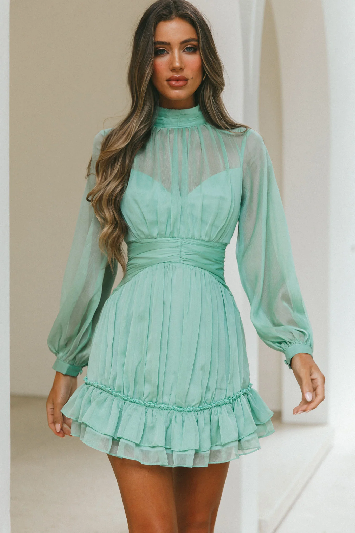 Mandalay High Neck Long Sleeve Waistband Dress Sage - Sonourner