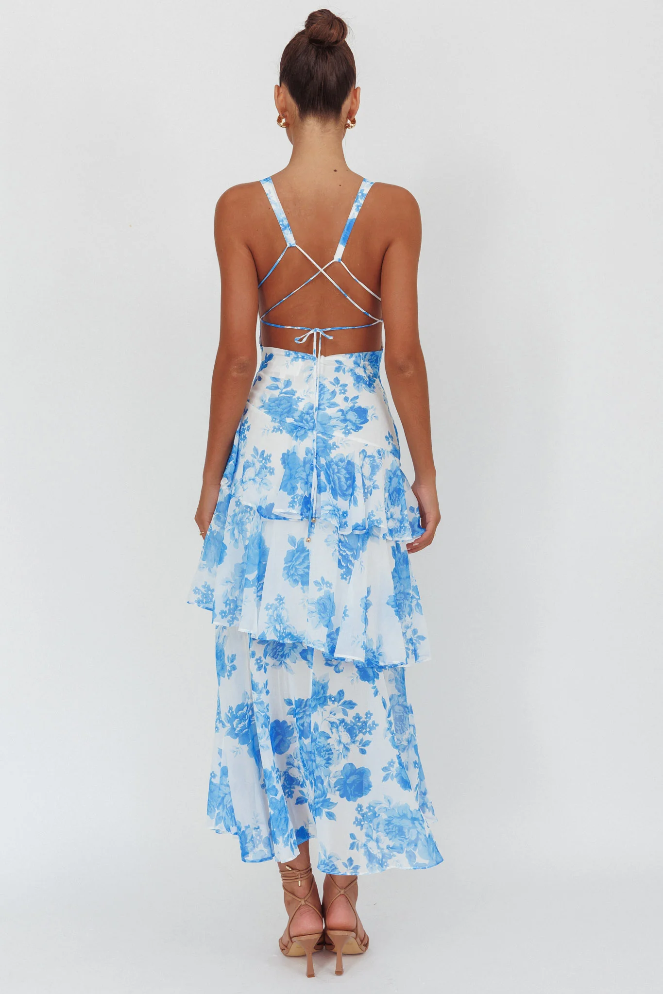 Veda Strappy Back Ruffle Maxi Dress Roses Blue - Sonourner