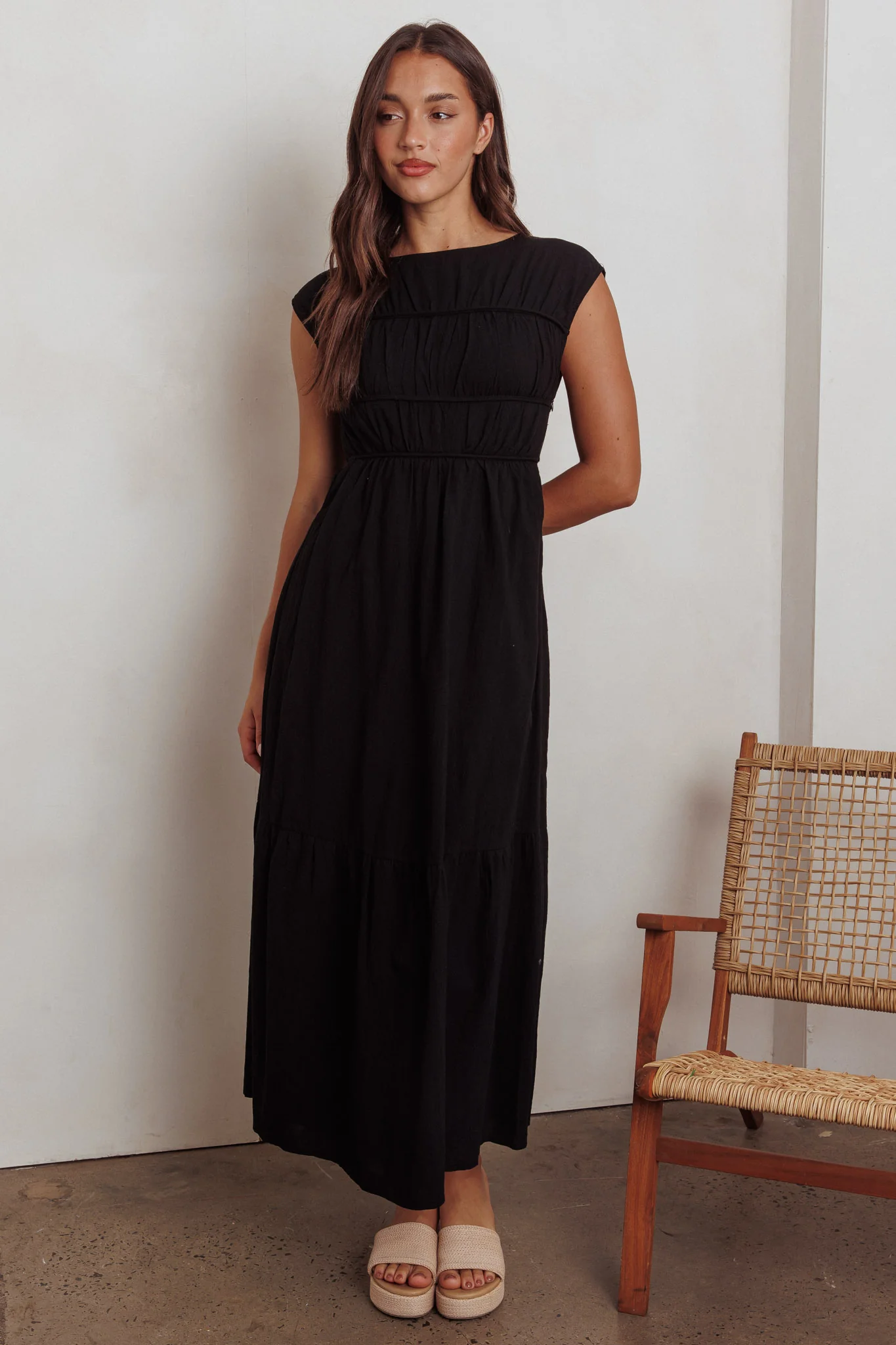 Called Out Gathered Bodice Maxi Dress Black - Sonourner