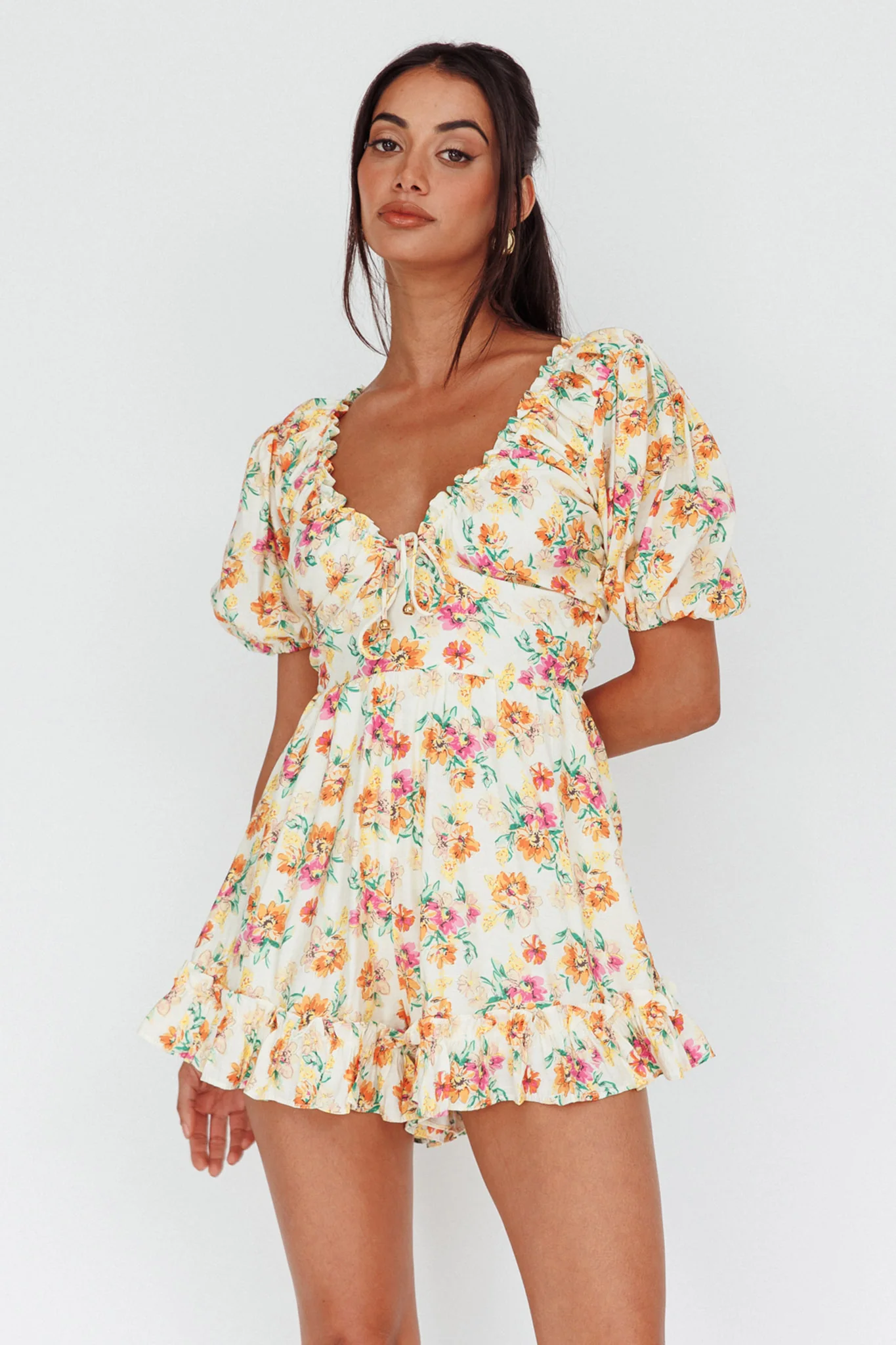 Costa Rica Puff Sleeve Romper Floral Beige - Sonourner