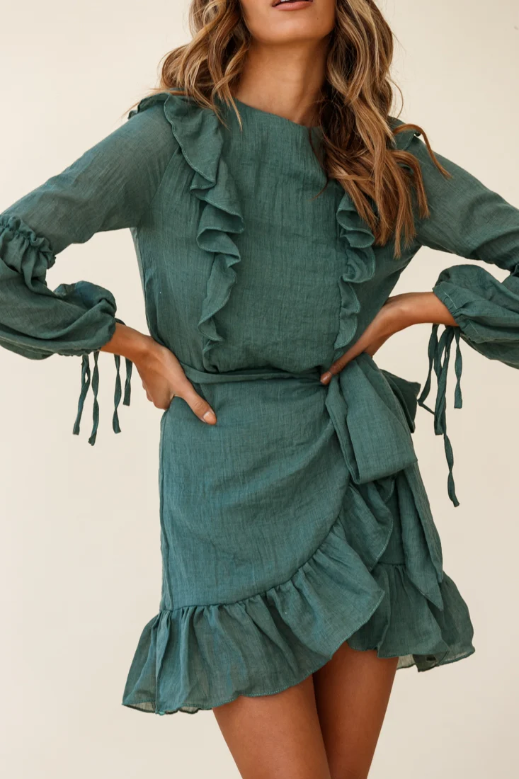 Tila Long Balloon Sleeve Wrap Front Dress Khaki - Sonourner