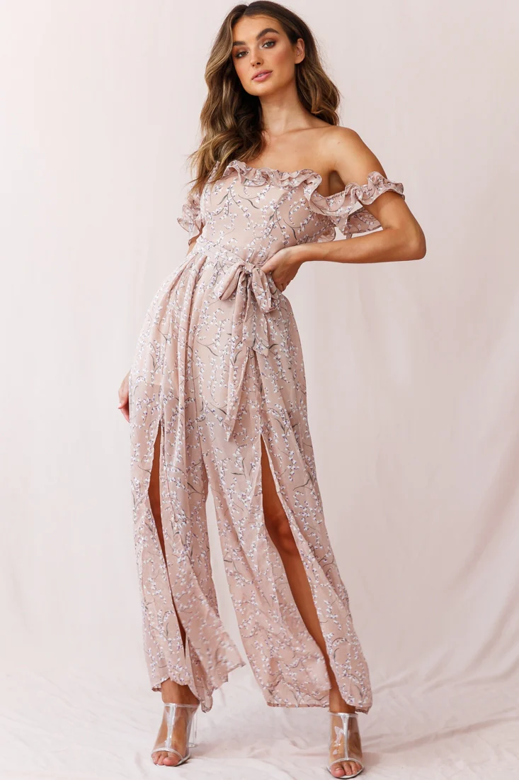Jazz Bardot Neckline Wide Leg Split Jumpsuit Floral Print Blush - Sonourner