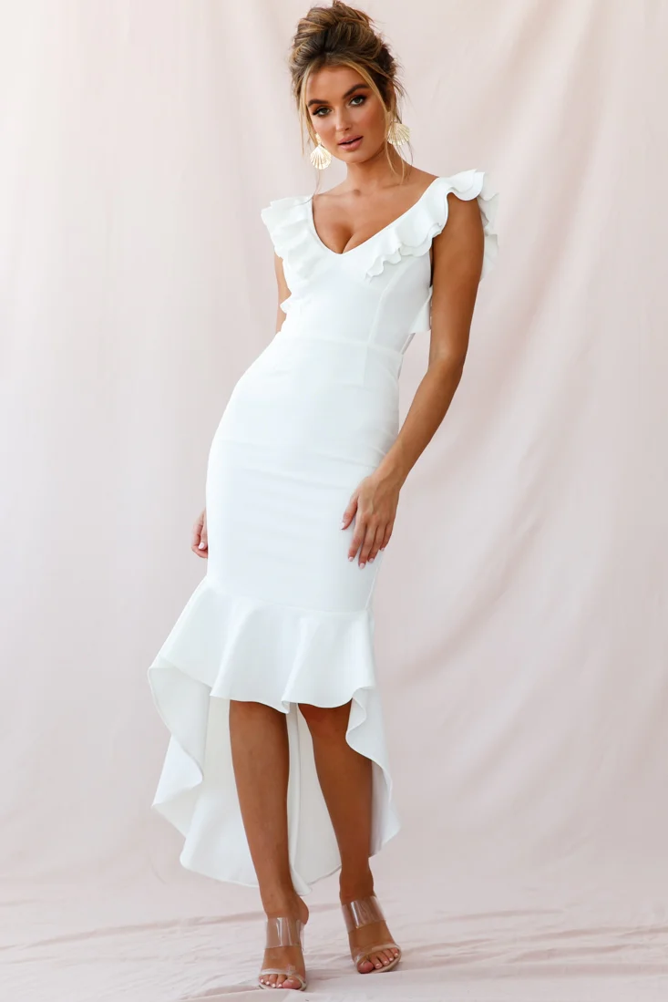 Pearl Ruffle Strap High-Low Hem Dress White - Sonourner