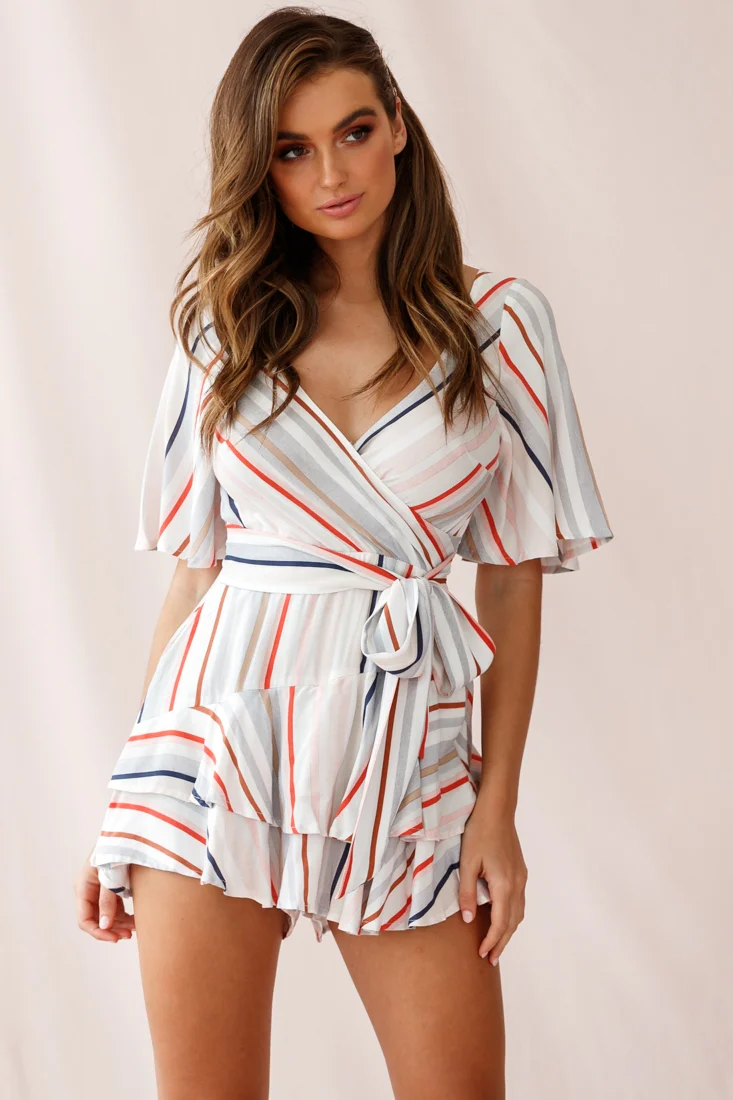 Davina Angel Sleeve Cut-Out Back Romper Multi Stripe Print - Sonourner
