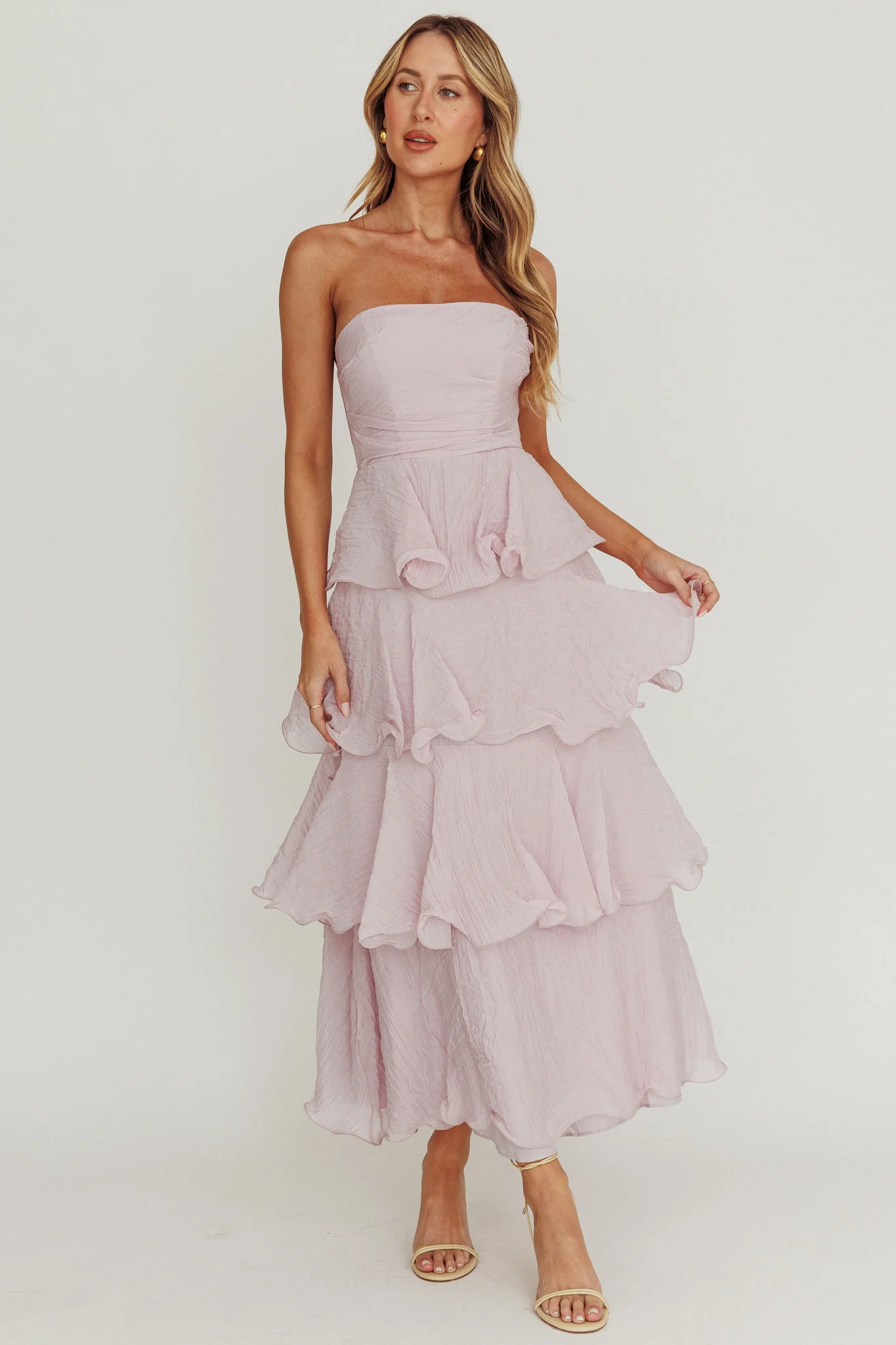 Giavana Strapless Layered Ruffles Midi Dress Lilac - Sonourner