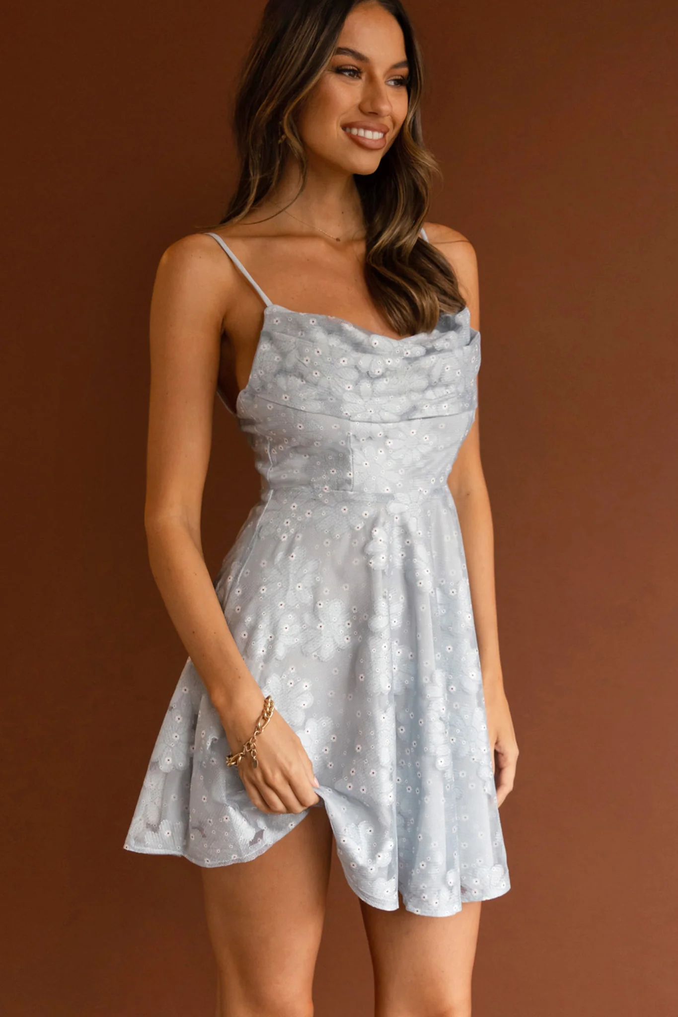 Marbella Floral Embroidered Mesh Scoop Neck Mini Dress Steel Blue - Sonourner