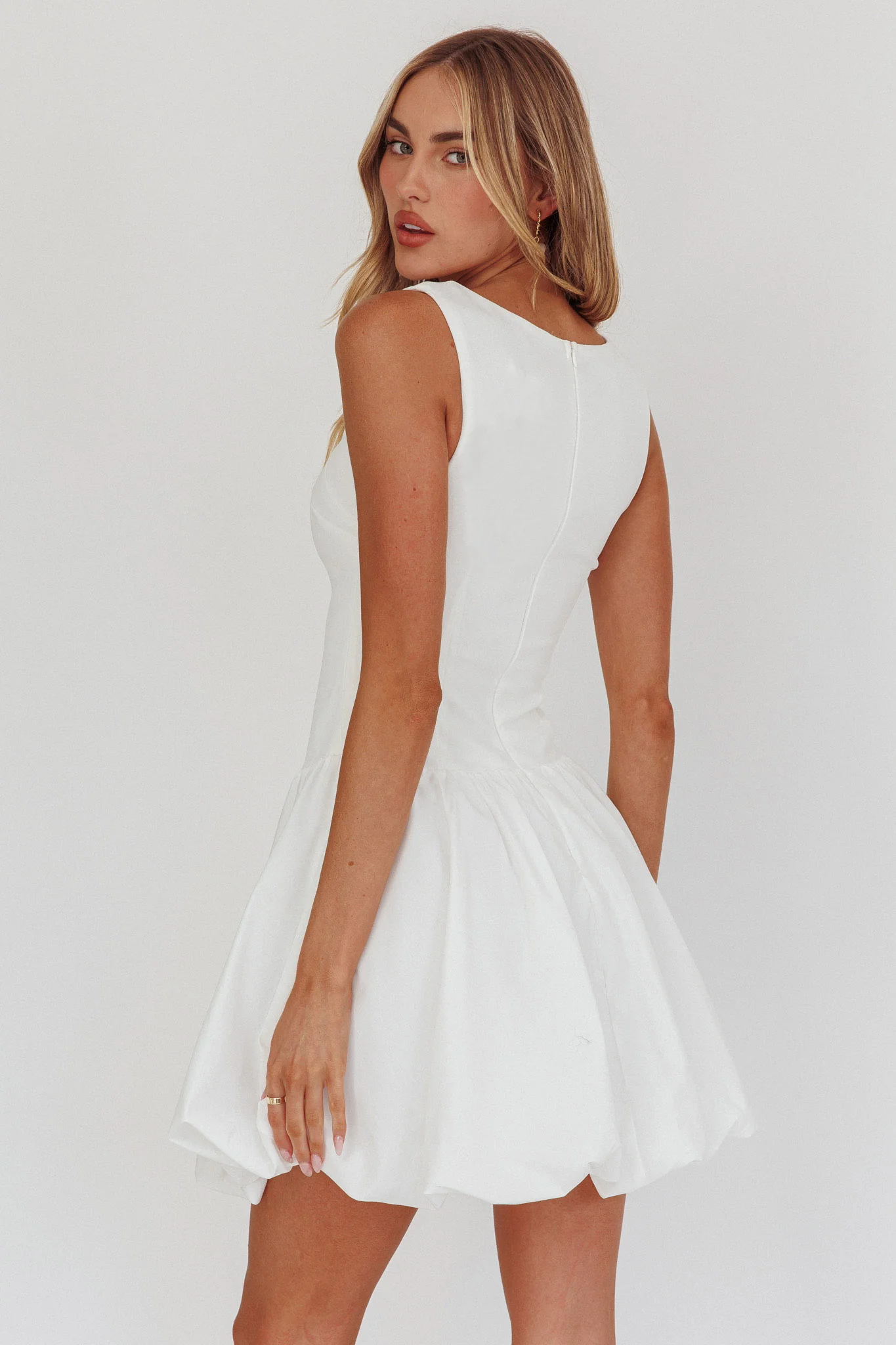 Like Art Square Neck Bubble Mini Dress White - Sonourner