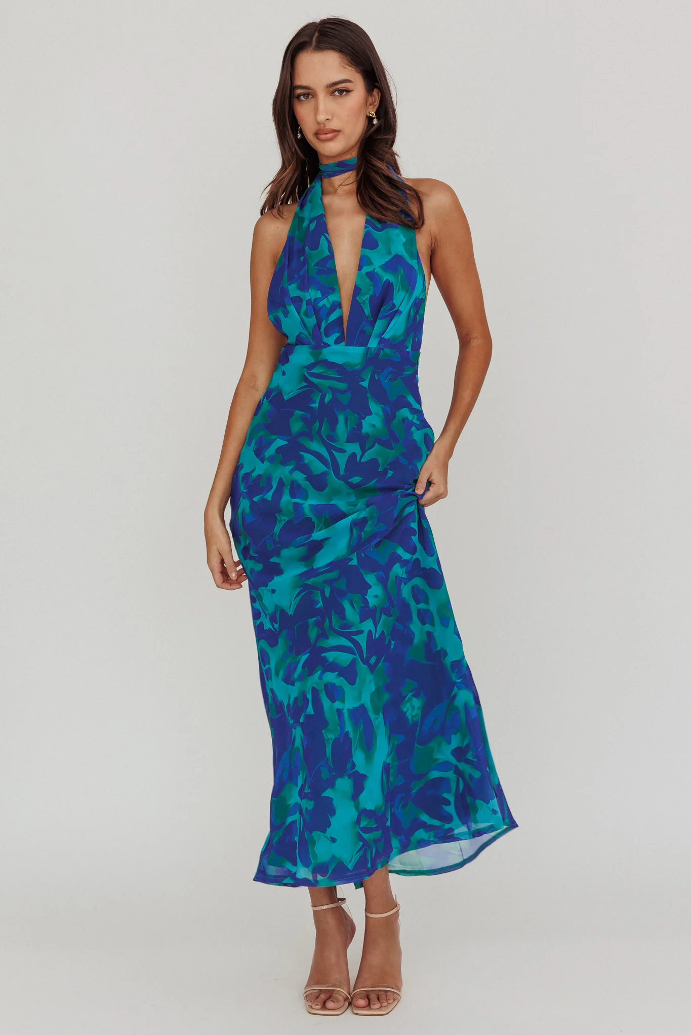 Italia Azure Halterneck Maxi Dress Abstract Blue - Sonourner