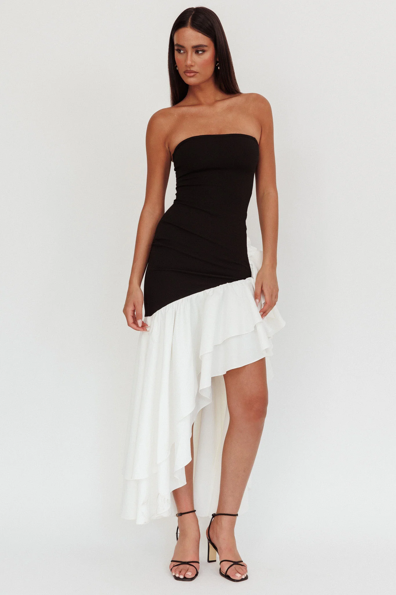 Cha Cha Strapless Thigh Split Dress Black/White - Sonourner