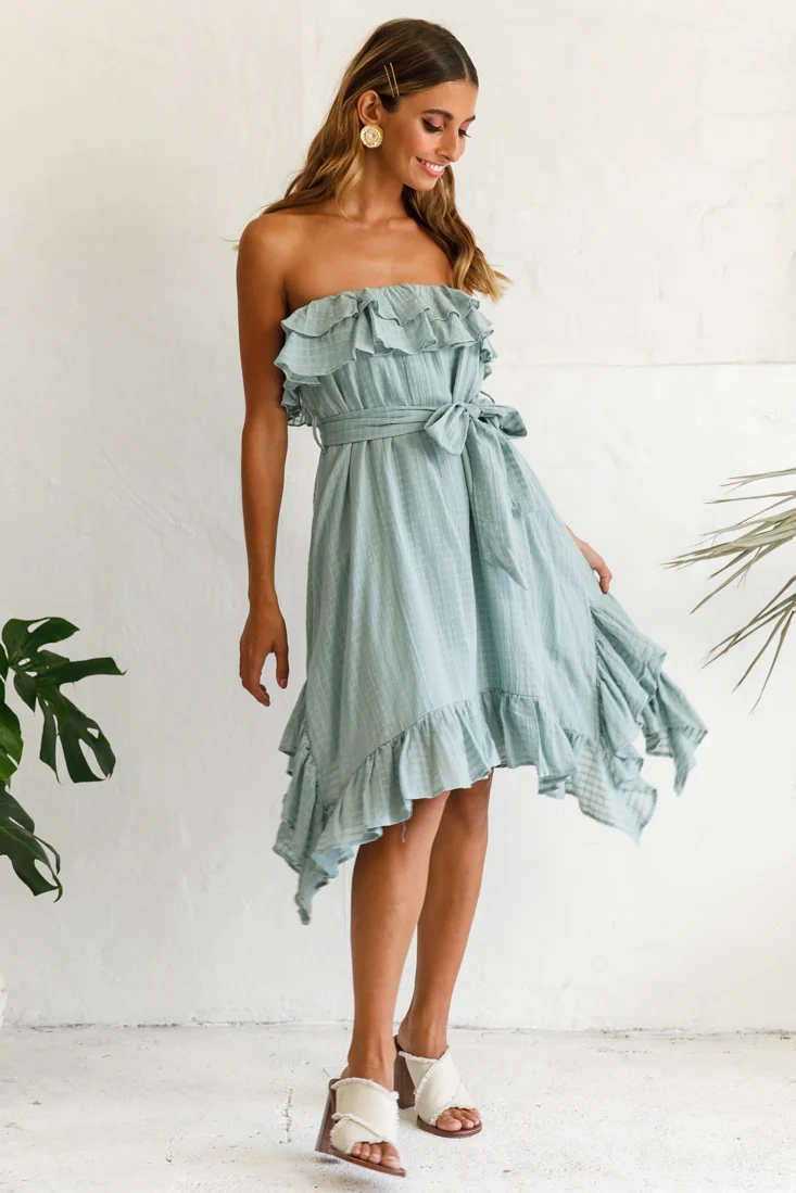 Miffy Double Frill Strapless Midi Dress Sage - Sonourner