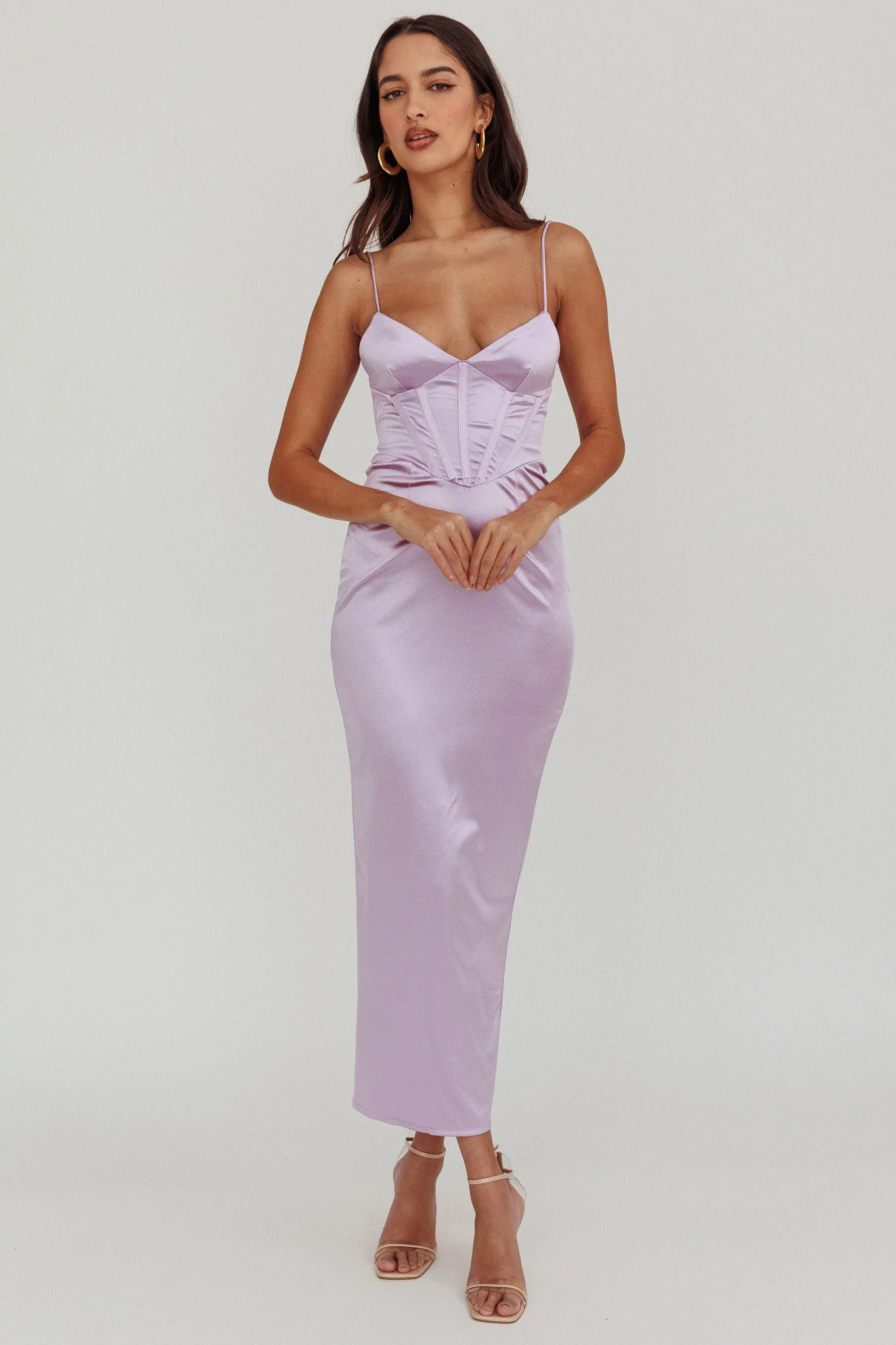 Seraya Lace-Up Back Satin Maxi Dress Lilac - Sonourner