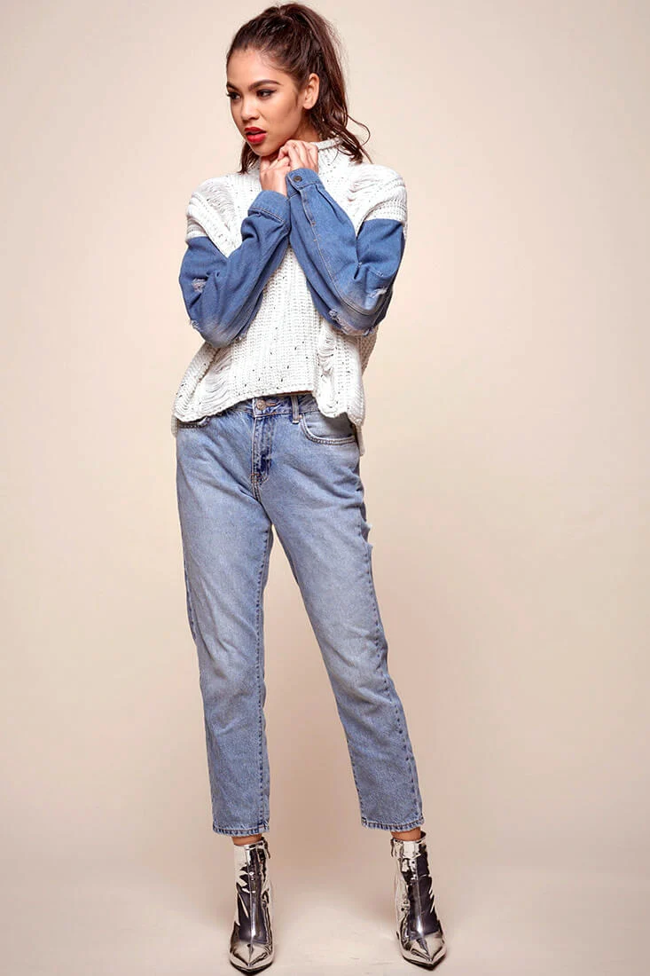 Dawn Denim Sleeved Knit Sweater Marble Blue - Sonourner