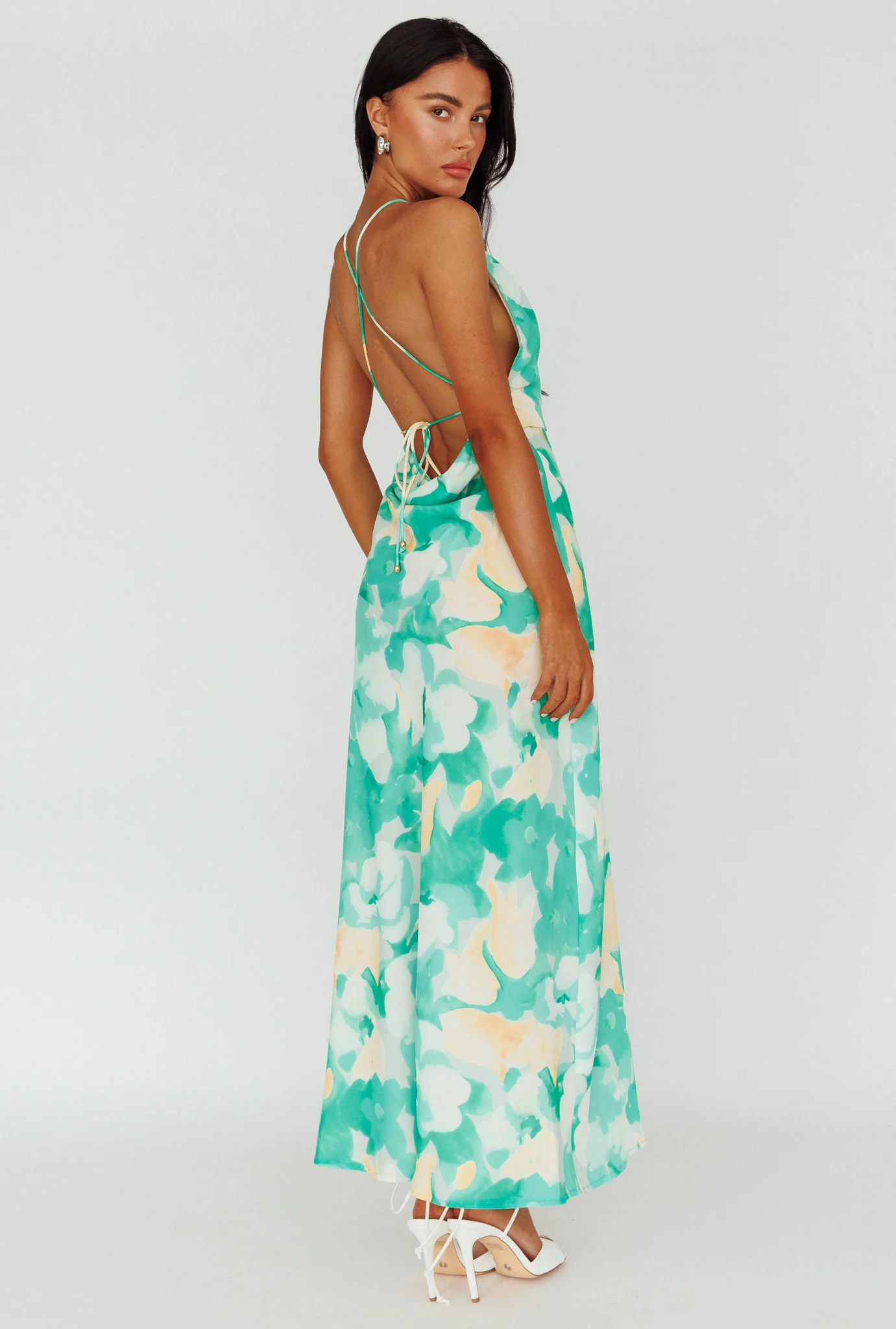 Val Cowl Back Maxi Dress Floral Green - Sonourner