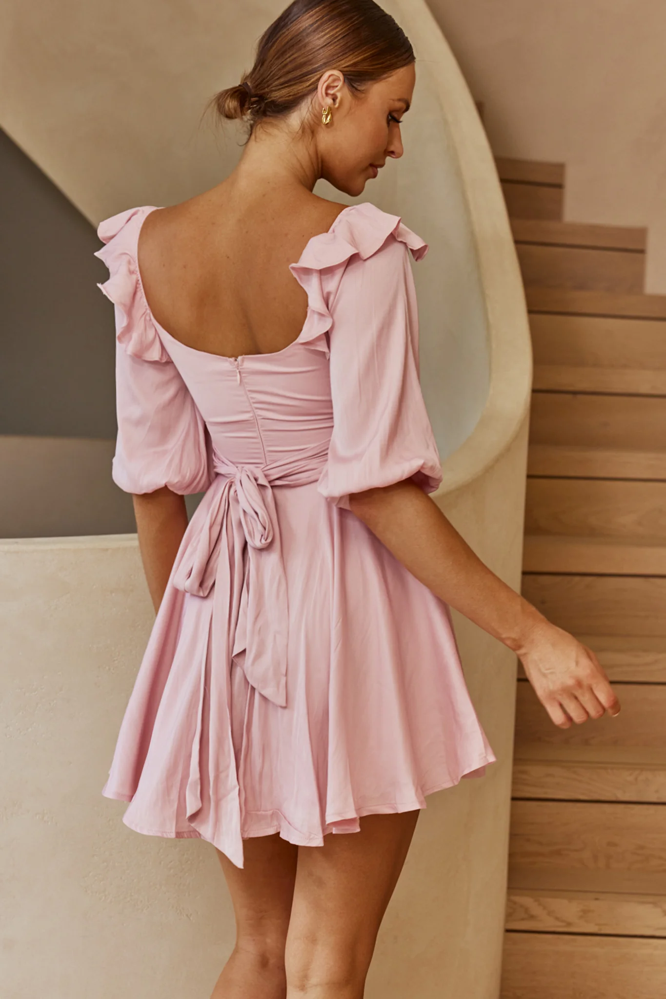 Only Yours Frill Trim Waist Tie Satin Mini Dress Blush - Sonourner