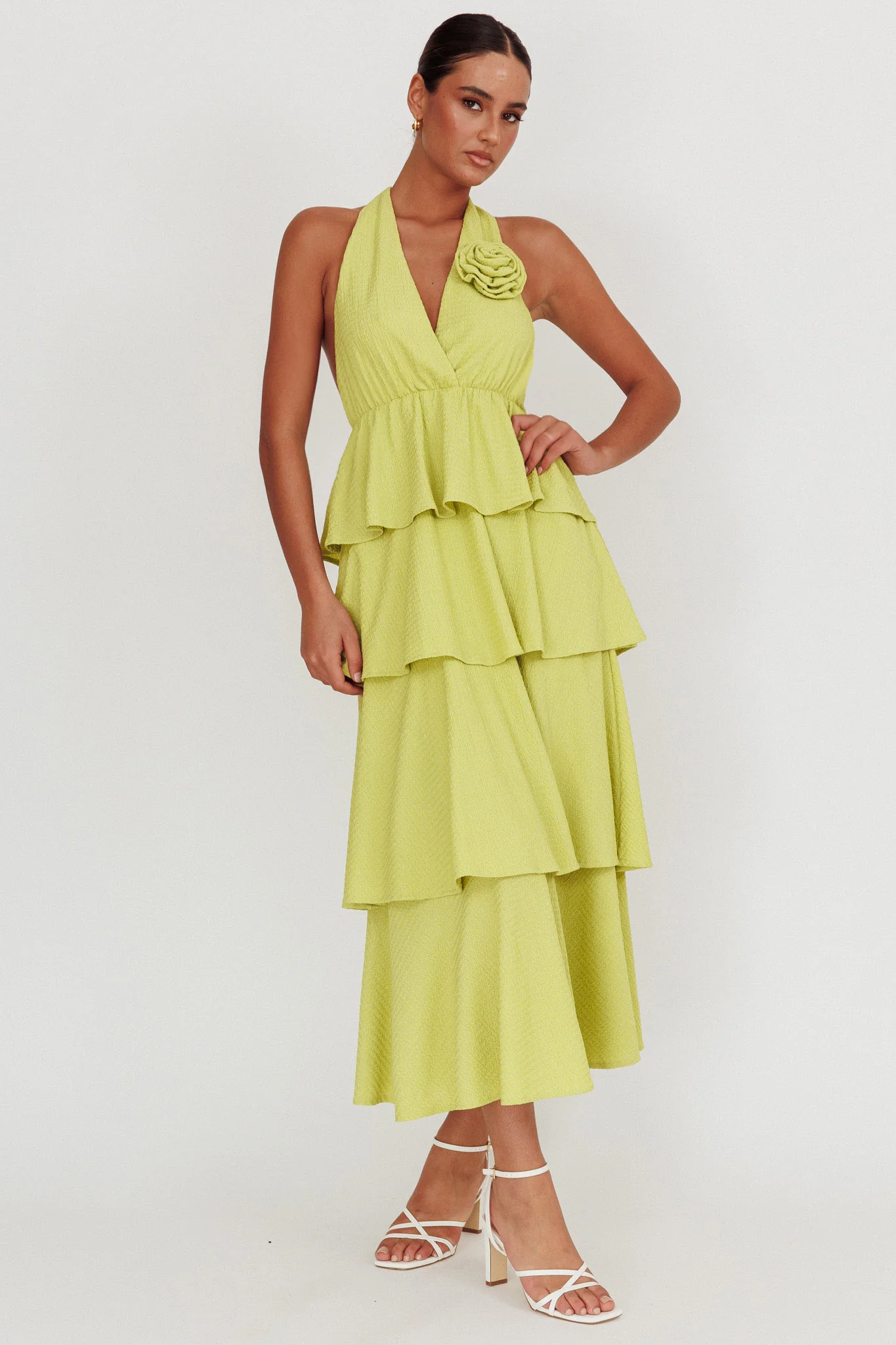 Kimberley Halter Neck Ruffle Maxi Dress Matcha - Sonourner
