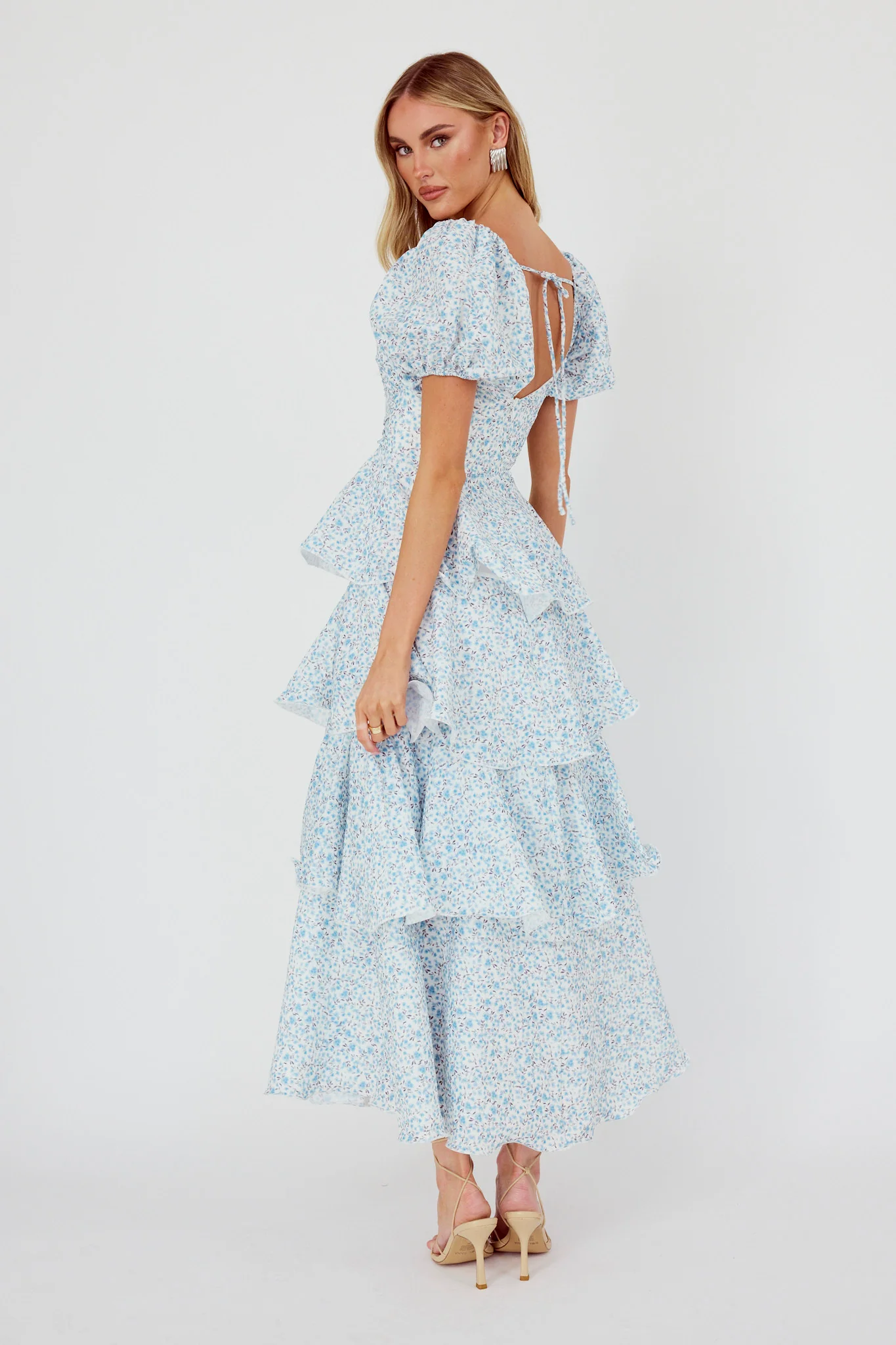 Giavana Puff Sleeve Layered Maxi Dress Floral Blue - Sonourner