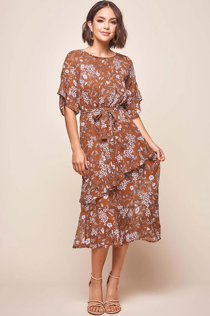 Jackson Waist Tie Ruffle Dress Rust Print - Sonourner