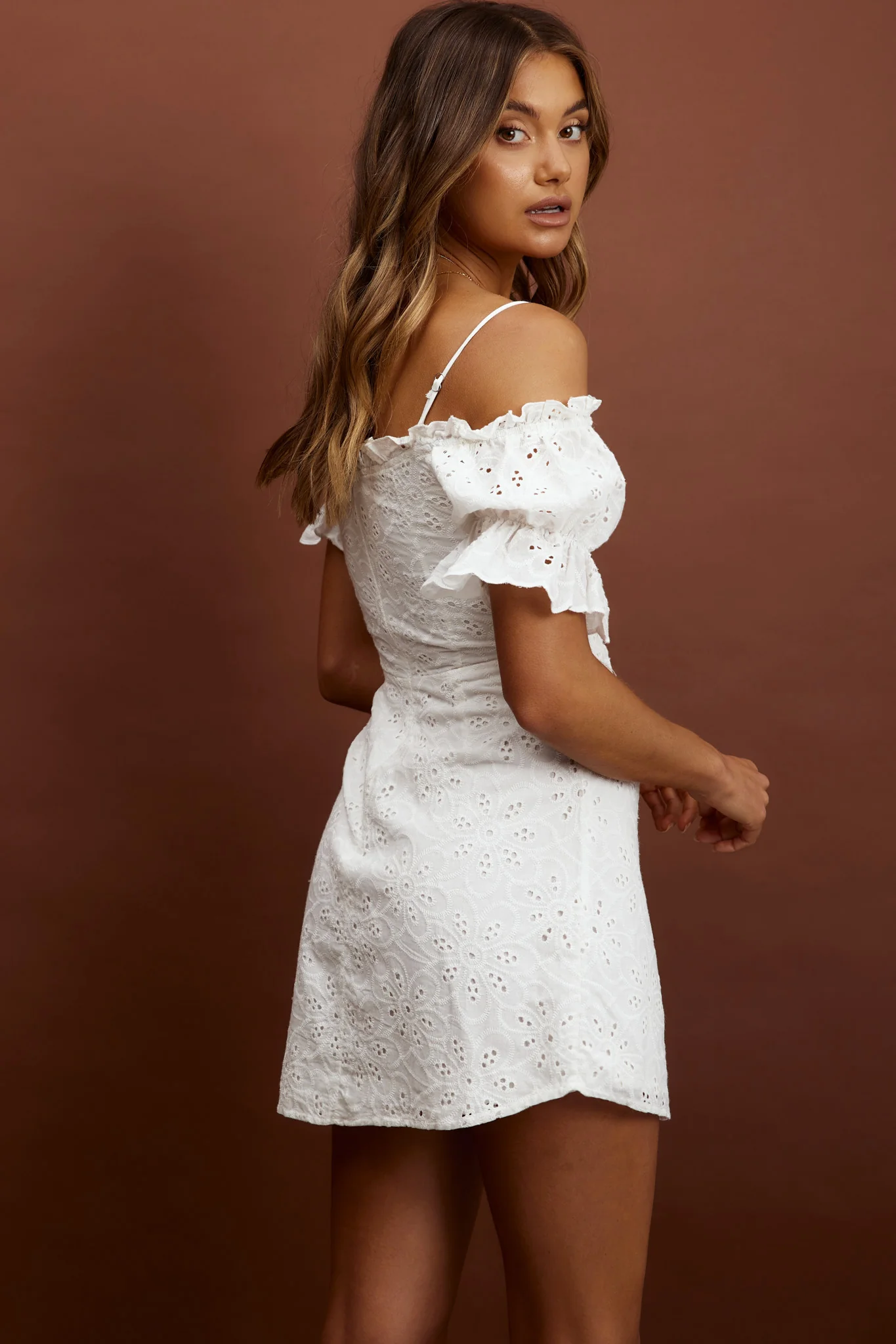 Toluca Puff Sleeve Frill Trim Eyelet Dress White - Sonourner