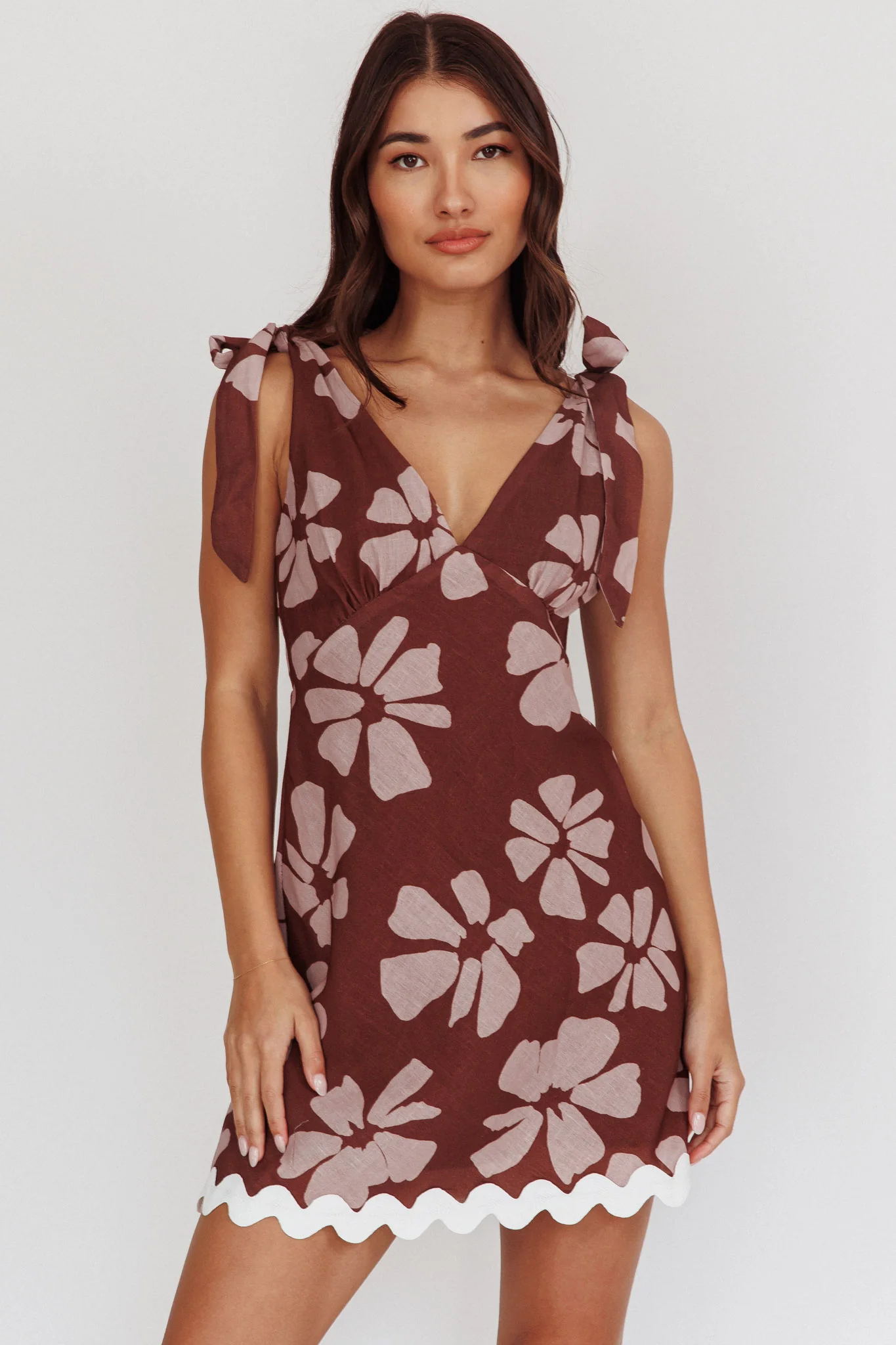Mykonos Morning Tied Shoulder Mini Dress Floral Brown - Sonourner