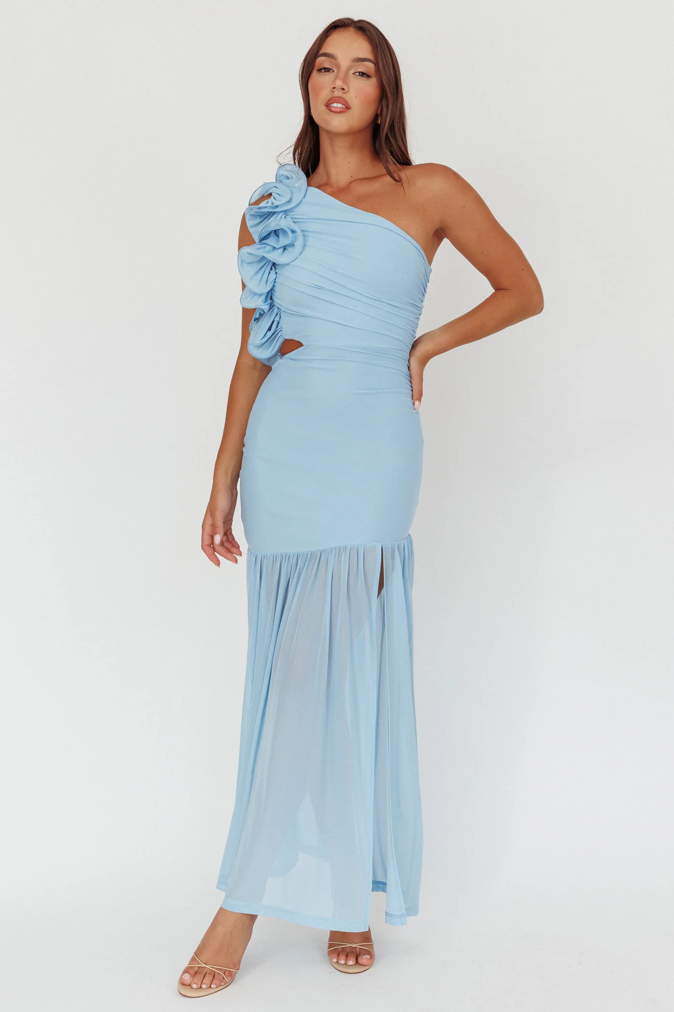 Deanna One-Shoulder Sheer Hem Maxi Dress Blue - Sonourner