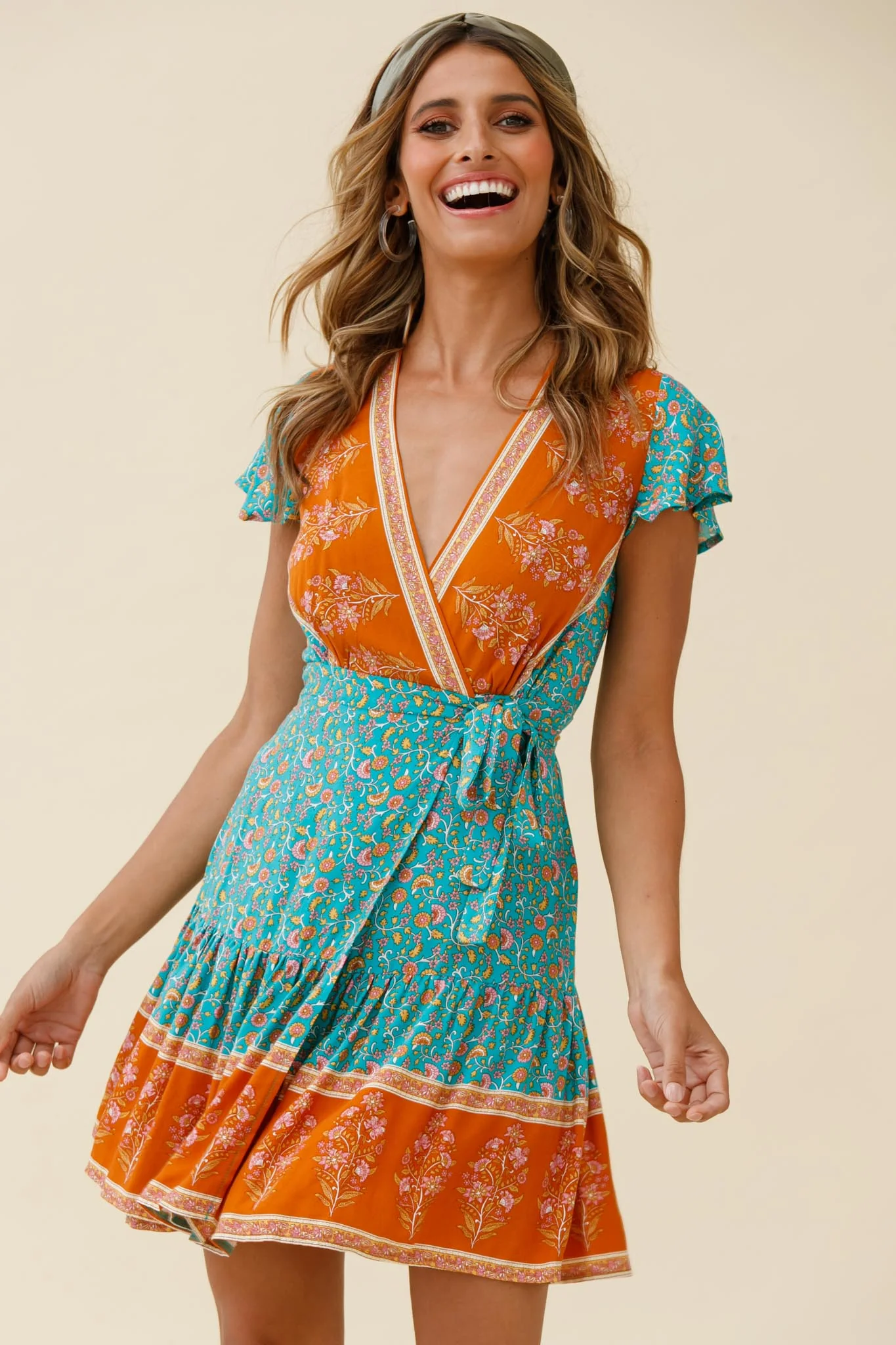 Mayan Angel Sleeve Waist Tie Wrap Dress Floral Print Jade - Sonourner