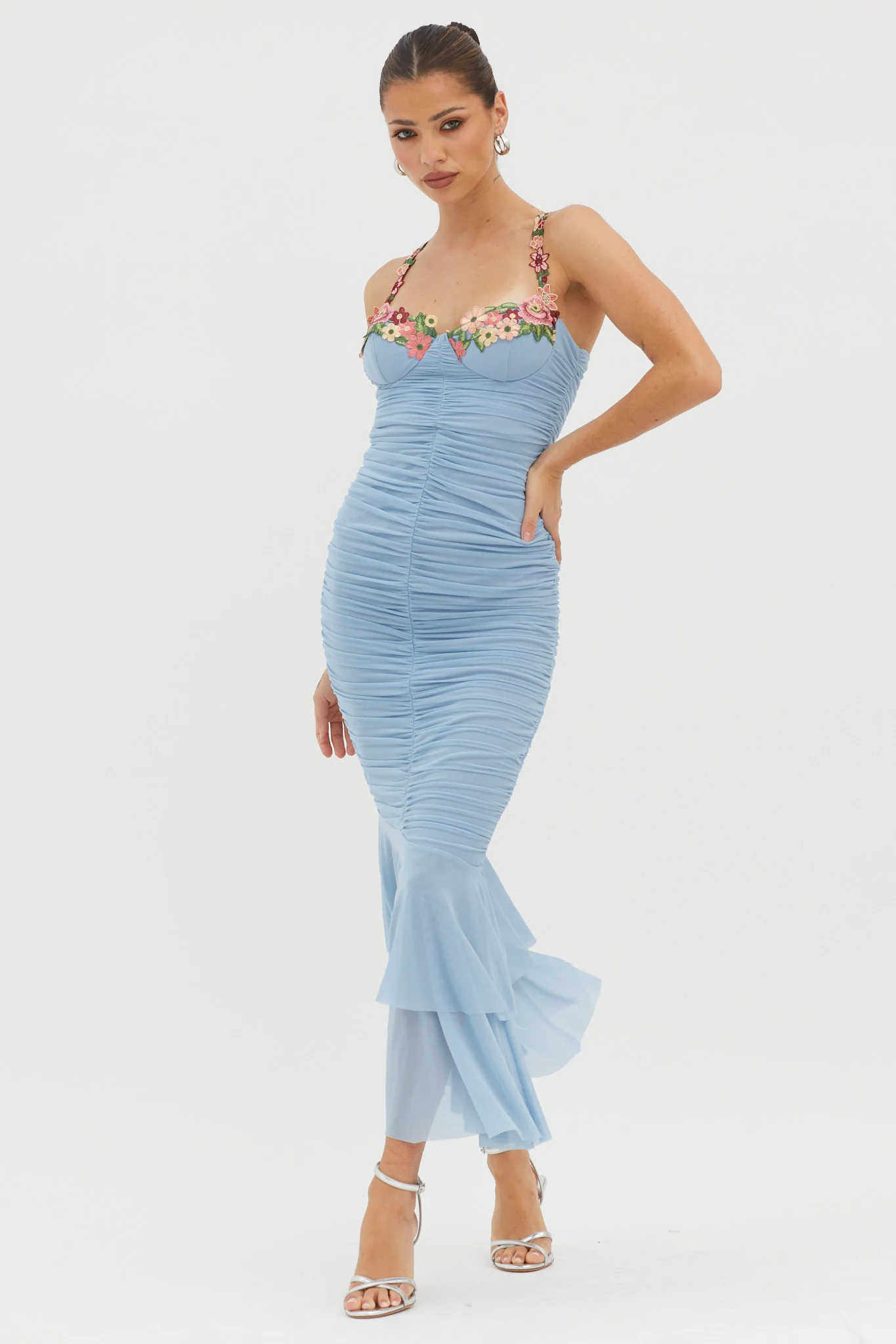 Rose Garden Ruched Mesh Midi Dress Blue - Sonourner