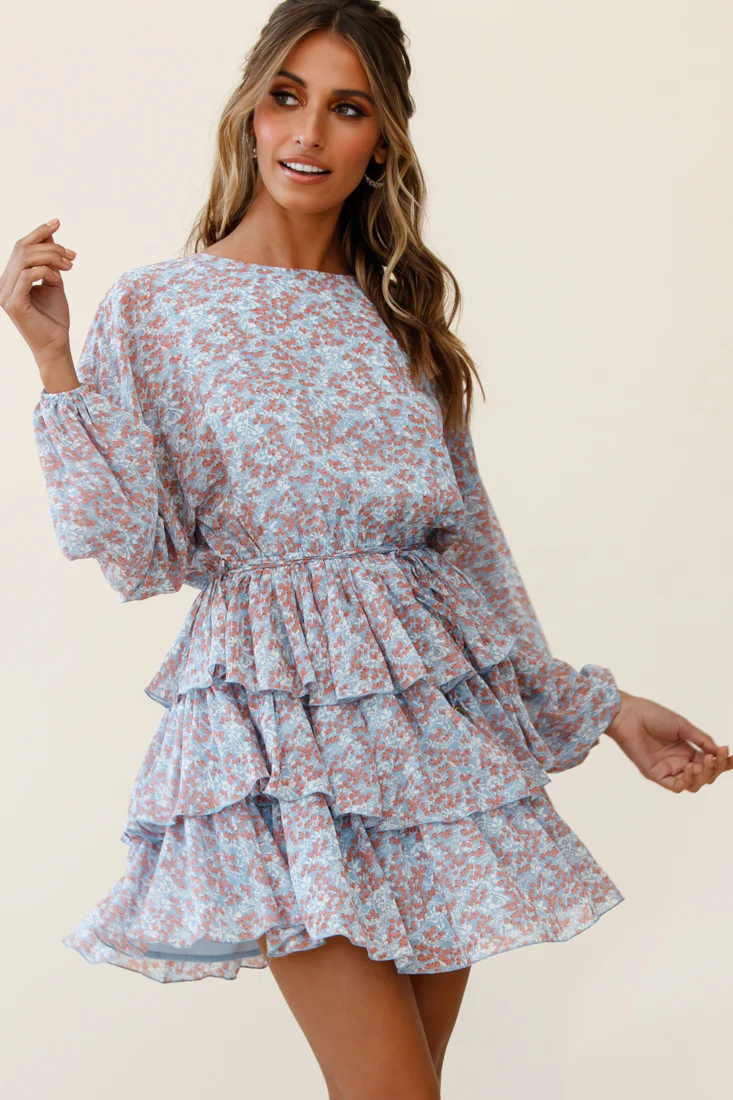 Odessa Long Sleeve Layered Ruffle Dress Floral Print Blue - Sonourner