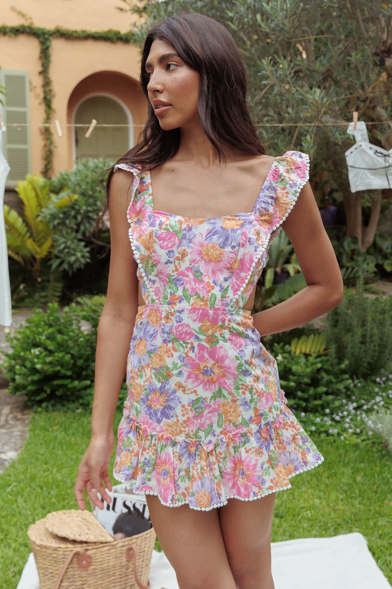 Porcia Tied Back Frill Dress White Multi - Sonourner