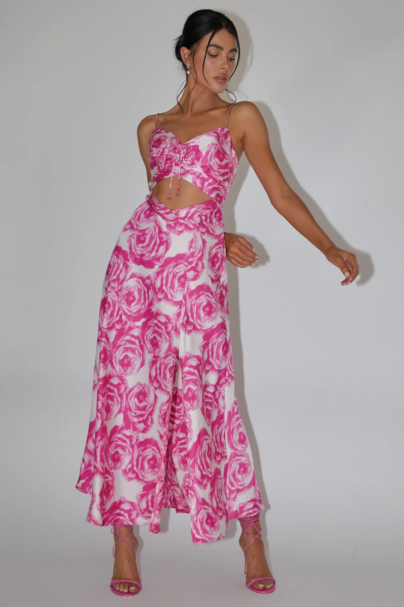 Twin Flame Drawstring Bust Midi Dress Floral Pink - Sonourner