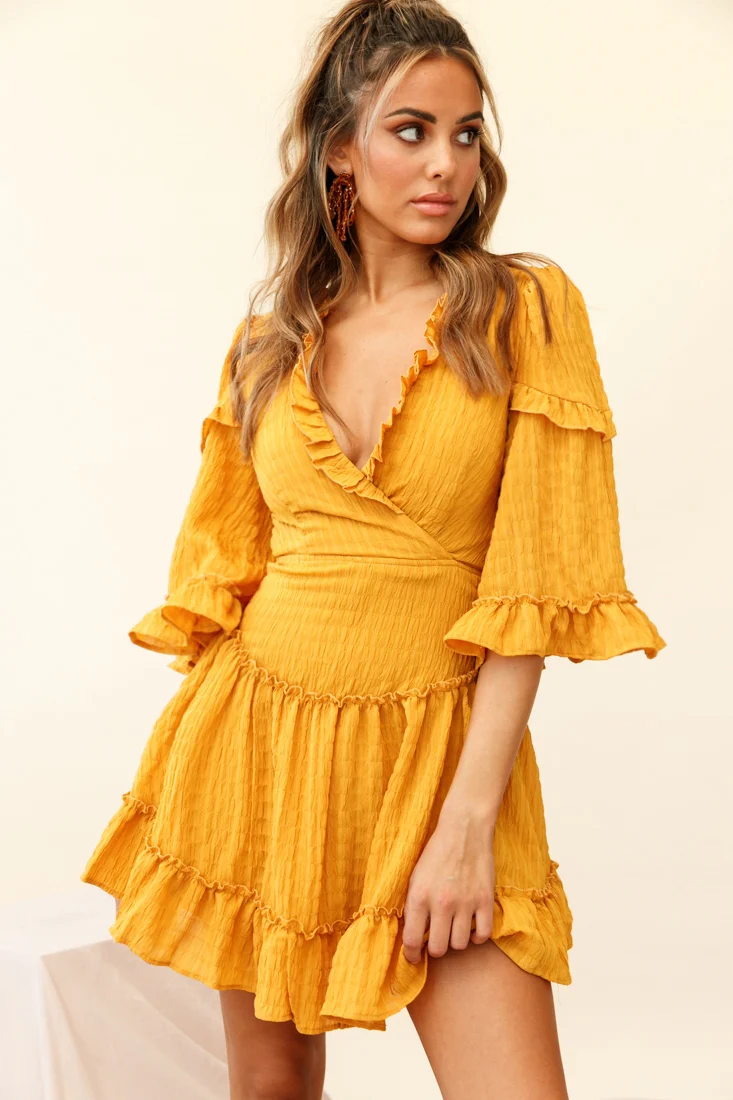 Albany Lace Up Back Frill Dress Shirred Mustard - Sonourner