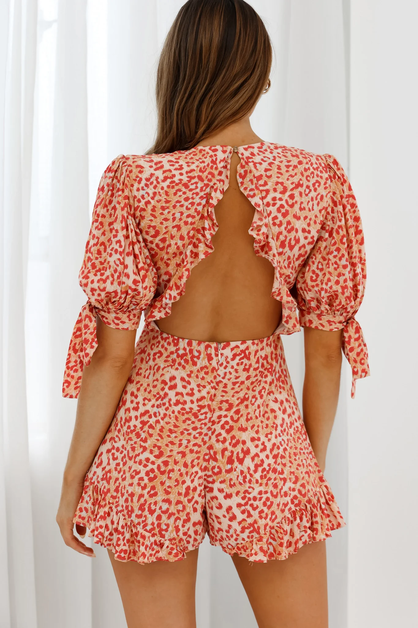 Francine Short Sleeve Tied Bust Romper Leopard Print Orange - Sonourner