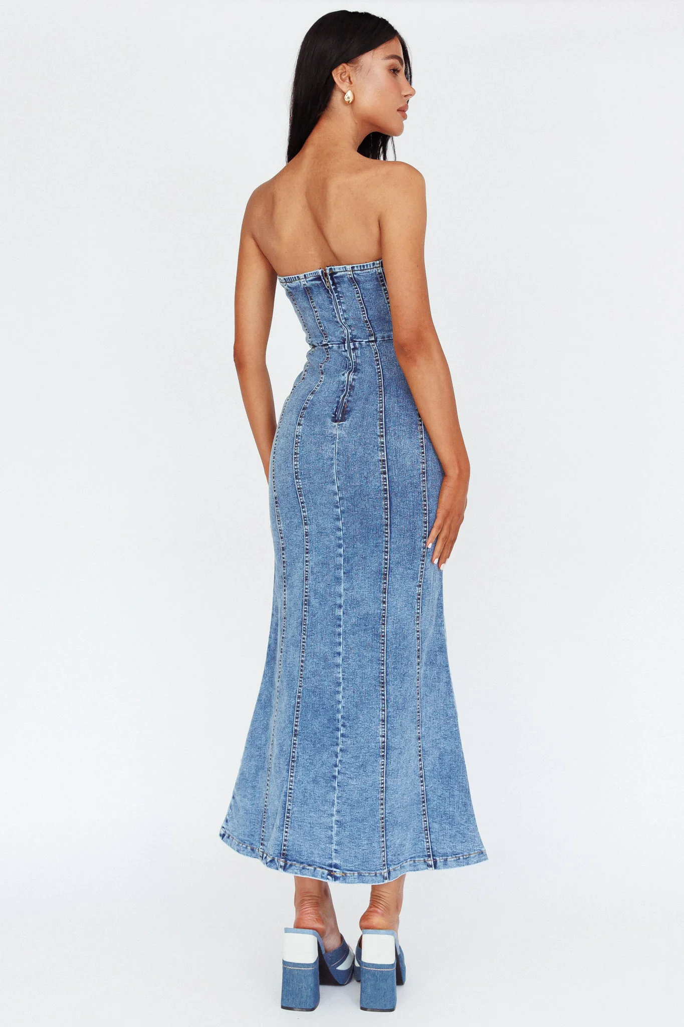 Horizon Strapless Wavy Neckline Midi Denim Blue - Sonourner