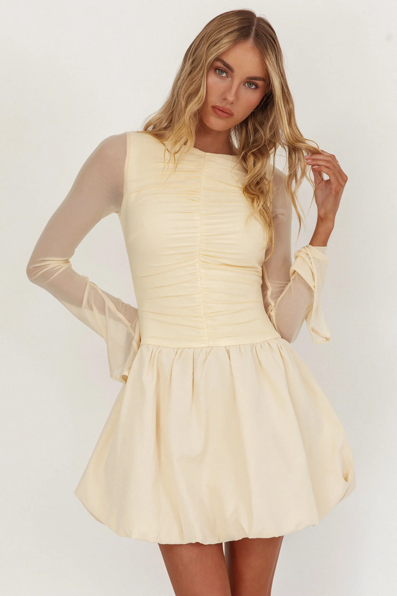 Elowin Long Sleeve Bubble Hem Mini Dress Cream - Sonourner